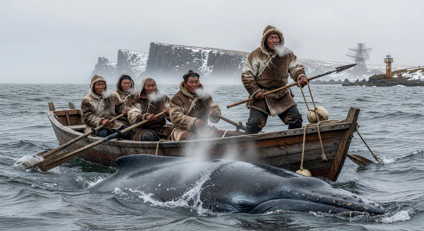 1970년대 베링 해협의 거친 파도 위에서 순록 가죽 의복인 말리차를 입은 추크치족 사냥꾼들이 수제 목선을 타고 거대한 북극고래를 사냥하는 긴박한 순간입니다. 수천 년간 이어온 전통 방식에 따라 바다와 사투를 벌이는 이들의 모습 뒤로 안개 속에 가려진 소련의 레이더 시설은 현대화의 물결 속에서도 유지된 원주민의 삶을 상징적으로 보여줍니다. 이 장면은 혹독한 북극의 자연에 맞서 공동체의 생존을 지켜온 시베리아 원주민들의 강인한 기개와 역사적 생활상을 생생하게 전달합니다.
