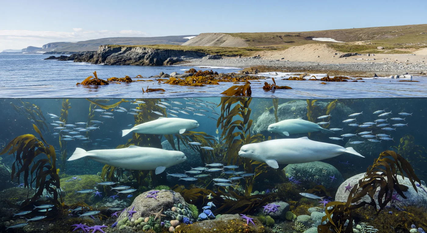 Along a cold North Pacific shore near glacial-age Beringia, white belugas (Delphinapterus leucas) glide through a shallow kelp forest of Laminaria and Alaria, weaving among schooling herring above sea stars and green sea urchins on wave-worn rocks. This scene evokes the Late Pleistocene, roughly 126,000 to 11,700 years ago, when treeless, wind-scoured mammoth-steppe landscapes reached the coast in parts of Alaska and the Beringian region. Although best known for giant land mammals, these icy margins also supported rich marine ecosystems much like subarctic kelp habitats today.