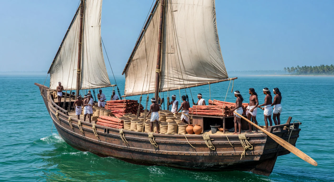 11세기 인도양을 누비던 초라 왕조의 거대 무역선 '바타이(Vattai)'가 '검은 황금'이라 불린 흑후추와 향기로운 백단향을 가득 싣고 벵골만의 푸른 바다를 가로지르고 있습니다. 쇠못 대신 코코넛 섬유로 정교하게 꿰어 만든 선체와 거대한 삼각 돛은 당대 타밀인들의 독보적인 조선 기술과 해상 장악력을 잘 보여줍니다. 이들은 계절풍을 이용해 동남아시아와 중국을 잇는 해상 실크로드의 주역으로서, 강력한 해상 제국이었던 초라 왕조의 경제적·문화적 번영을 견인했습니다.