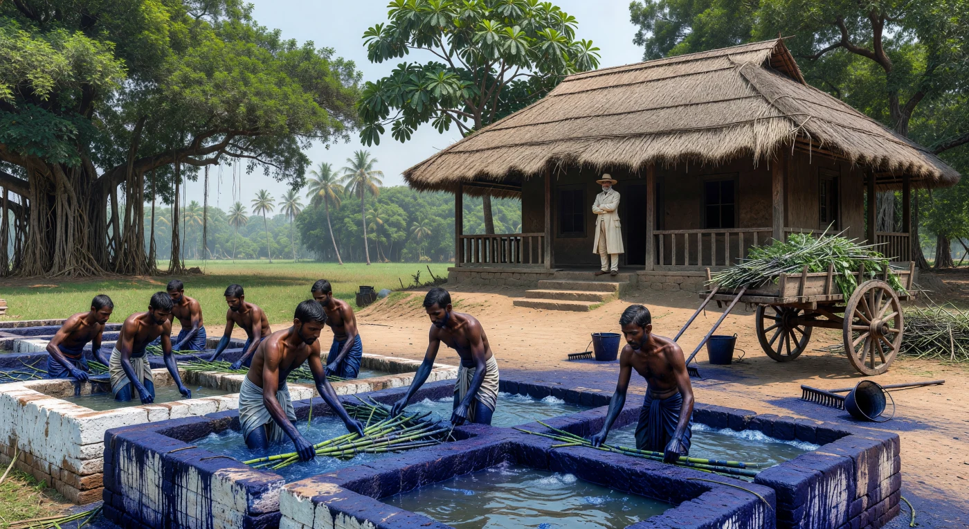 Bengali laborers, or ryots, tread fermented indigo stalks in lime-washed stone vats, their limbs stained a ghostly blue by the potent dye. From the elevated veranda of a thatched bungalow, a British planter maintains an authoritative watch, highlighting the stark social and economic stratification of the 1840s colonial Bengal delta. This scene captures the grueling manual labor of the indigo industry, a cornerstone of British East India Company extraction that would soon ignite the widespread "Blue Mutiny" of 1859.
