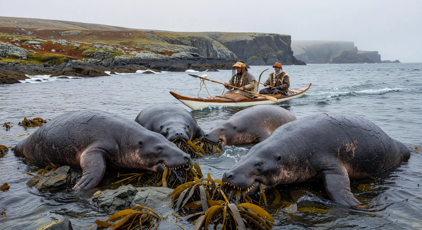 1750年頃のベーリング海を描いたこの場面では、体長9メートルにも及ぶ巨大なステラーカイギュウが、冷たい海に広がるコンブの森で静かに草を食んでいます。その傍らでは、伝統的な防水着を纏ったアリュートの猟師たちが、獣皮を張った小舟「バイダルカ」を操り、霧に包まれた荒波の中を慎重に進んでいます。1741年のロシア探検隊による発見からわずか27年で絶滅に追い込まれたこの巨大な海獣の姿は、北太平洋の原生の自然が持っていた驚異的な豊かさと、その後の急激な環境の変化を象徴しています。