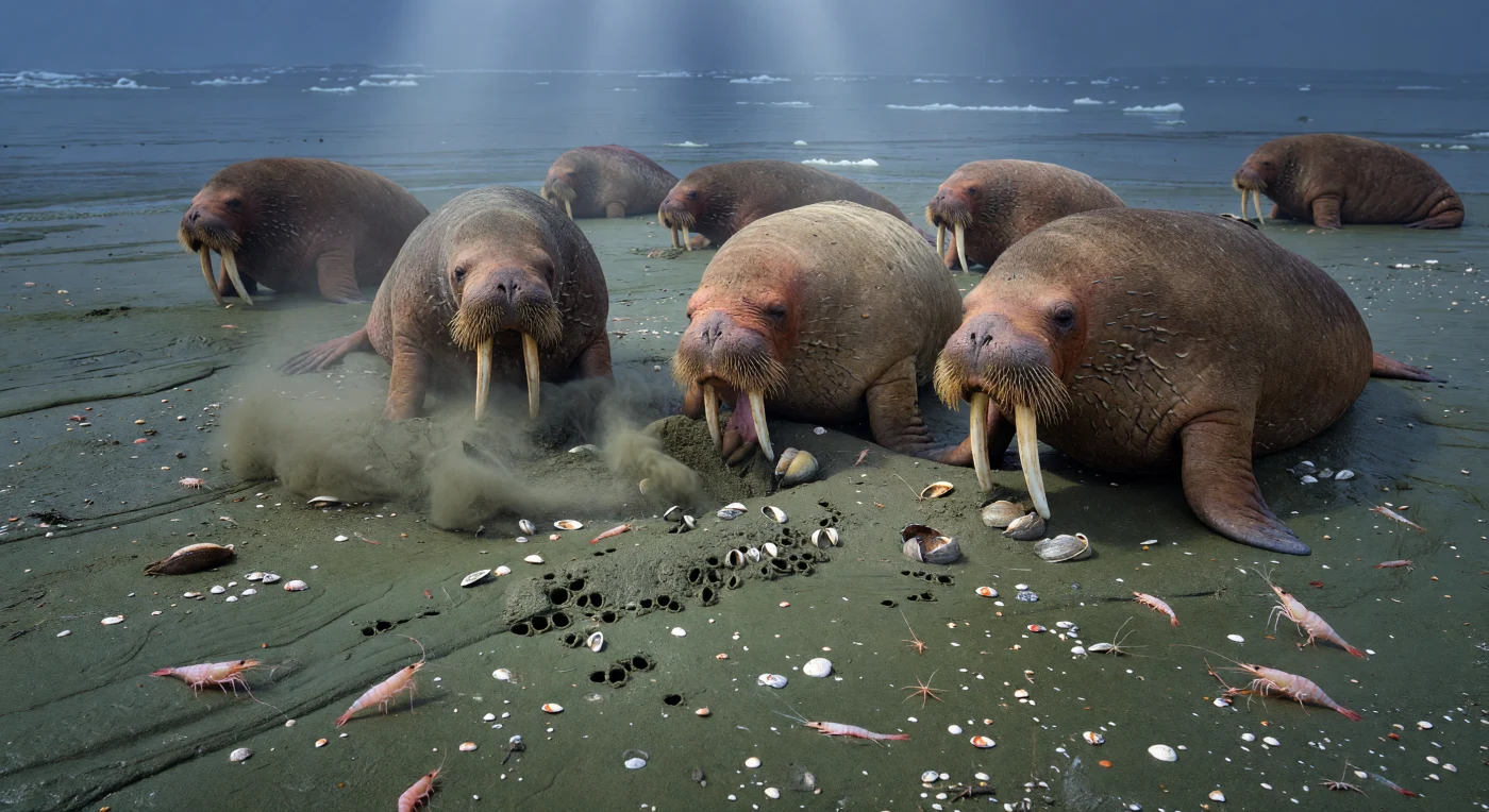 更新世後期、およそ数万年前の氷期に海面が下がったベーリンジア大陸棚では、セイウチ（Odobenus rosmarus）が金色がかった長いひげと象牙の牙で泥質砂の海底を掘り返し、オオノガイの仲間 Mya truncata や二枚貝 Serripes groenlandicus を吸い出して食べていました。画面には、緑灰色に濁った浅海底にできた新しい掘り跡と舞い上がるシルト、逃げ惑うホッコクアカエビ（Pandalus borealis）やクモヒトデ類が描かれ、巨大な頭部と牙をもつセイウチの圧倒的な大きさが際立ちます。こうした冷たく浅いベーリング海の海底は、氷期の「マンモス・ステップ」に隣接する海の豊かな採食場であり、陸のメガファウナ世界と結びついた北太平洋の生態系を今に伝えています。