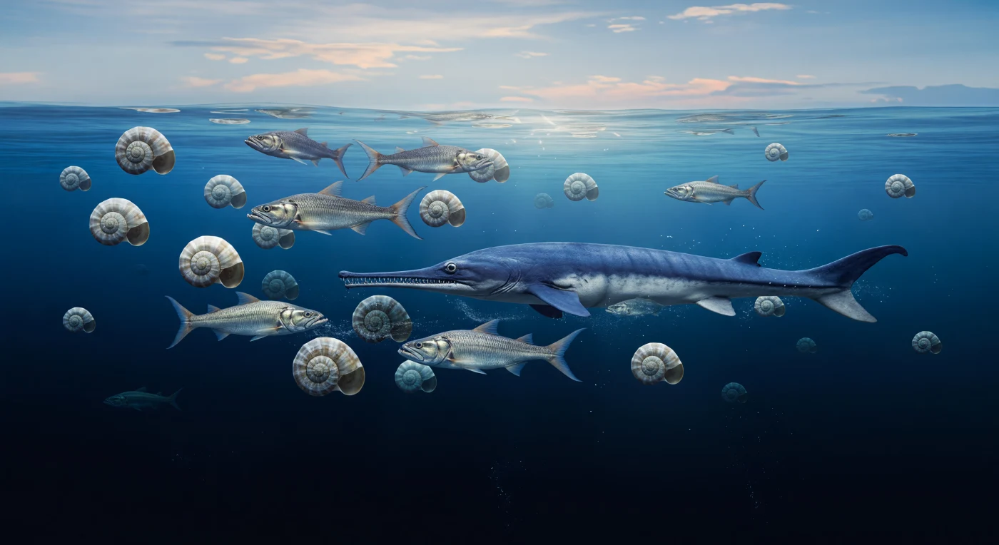 Im warmen offenen Wasser der Tethys jagt ein etwa 7 Meter langer Besanosaurus durch einen lockeren Schwarm von Trachyceras-Ammonoideen und meterlangen Knochenfischen der Gattung Birgeria, während Sonnenstrahlen im kobaltblauen Oberflächenwasser glitzern und darunter rasch in indigo bis fast schwarze Tiefe übergehen. Diese Szene spielt in der mittleren bis frühen späten Trias vor rund 240–235 Millionen Jahren, als geschichtete intraplattformäre Becken der Tethys oft sauerstoffarme Tiefenwasser besaßen. Der lang schnauzige Ichthyosaurier mit seinen großen Augen und der halbmondförmigen Schwanzflosse war ein schneller Jäger im pelagischen Meer – über einer fremdartigen Welt, in der Ammoniten blühten und marine Reptilien die Ozeane der Erdmittelzeit eroberten.