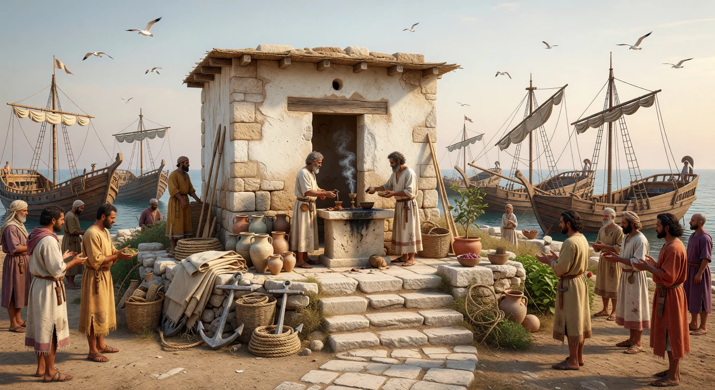 على مرتفع يطل على المرفأ الفينيقي، يقف مزار صغير من الحجر الجيري مكرّس لملقرت، حيث يسكب تاجر زيت الزيتون في وعاء قرب مذبح اسودّ من كثرة القرابين، بينما يتصاعد دخان البخور بين الجرار المكدسة والحبال والصواري الخشبية. يعكس هذا المشهد من القرن السابع قبل الميلاد دور ملقرت، إله صور وحامي التجارة والرحلات البحرية، في حياة البحّارة والتجّار الفينيقيين الذين كانوا يلتمسون رضاه قبل الإبحار عبر شرق البحر المتوسط. وتحت ضوء المساء الذهبي، تبدو السفن الراسية في الأسفل شاهدة على شبكة بحرية واسعة جعلت من موانئ مثل صور وصيدا مراكز بارزة للتبادل والمهارة الملاحية في العصر الحديدي.