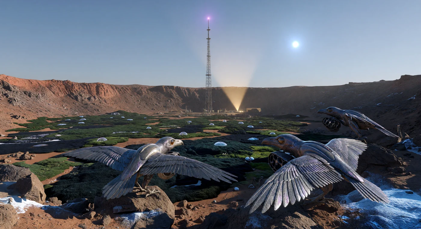 Op de grillige basaltruggen van de Gusev-krater overzien genetisch gemodificeerde "Areo-Ravens" een uitgestrekt landschap bedekt met dikke, donkergroene matten van cyanobacteriën en gemanipuleerd zwart korstmos. Tijdens het tijdperk van "The Convergence" (2100–2200 n.Chr.) vertonen deze wezens extreme adaptaties aan de ijle Martiaanse atmosfeer, zoals een spanwijdte van vier meter en iriserende veren van koolstof-nanotubes die bescherming bieden tegen kosmische straling. Onder de karakteristieke bleekblauwe gloed van een ondergaande zon markeert dit tafereel de opkomst van een nieuwe, technologische biosfeer waarin leven en terraforming-installaties, zoals verre microgolf-rectenna’s, onlosmakelijk met elkaar zijn verbonden.