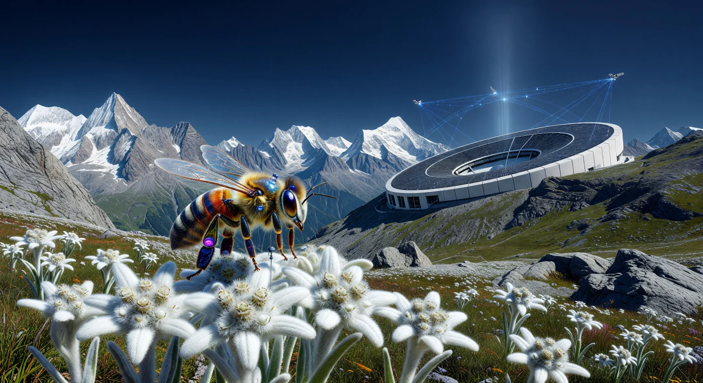 A bio-engineered "Guardian" honeybee, featuring a copper-tinted synthetic exoskeleton and graphene-polymer wings, hovers over a cluster of wild edelweiss in a high-altitude Alpine meadow. Set in the year 2084 during the "Augmented Dawn" era, this scene depicts the Transatlantic Union’s ecological restoration efforts where miniaturized sensors monitor the health of the "Great Rewilding" zones in real-time. In the background, a carbon-sequestering fusion reactor stands against a crystal-clear sky, marking a future where advanced technology maintains a stabilized atmosphere with CO2 levels restored to 380 ppm.