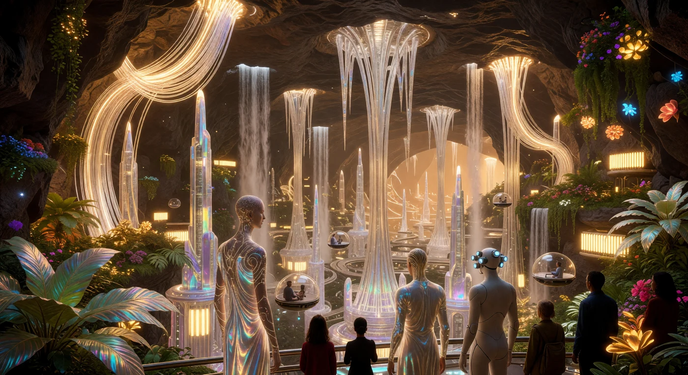 Im 28. Jahrhundert offenbart die New-Tycho-Lavaröhre die architektonische Pracht der Solaren Expansion, in der massive Glasfaserbündel das bernsteinfarbene Licht des lunaren Sonnenuntergangs in eine fünf Kilometer breite, terraformierte Kaverne leiten. In der geringen Schwerkraft von nur 1/6 g ragen spindeldürre, 3D-gedruckte Wolkenkratzer aus selbstheilenden Polymeren empor, während Augmented Bios mit biolumineszenten neuronalen Netzen und keramische Synthetics zwischen bio-integrierten hängenden Gärten interagieren. Diese Szene illustriert die technologische Reife einer Typ-1,5-Zivilisation, die den Mond durch Helium-3-Fusion und solare Relaisstationen in ein blühendes, techno-organisches Ökosystem verwandelt hat.