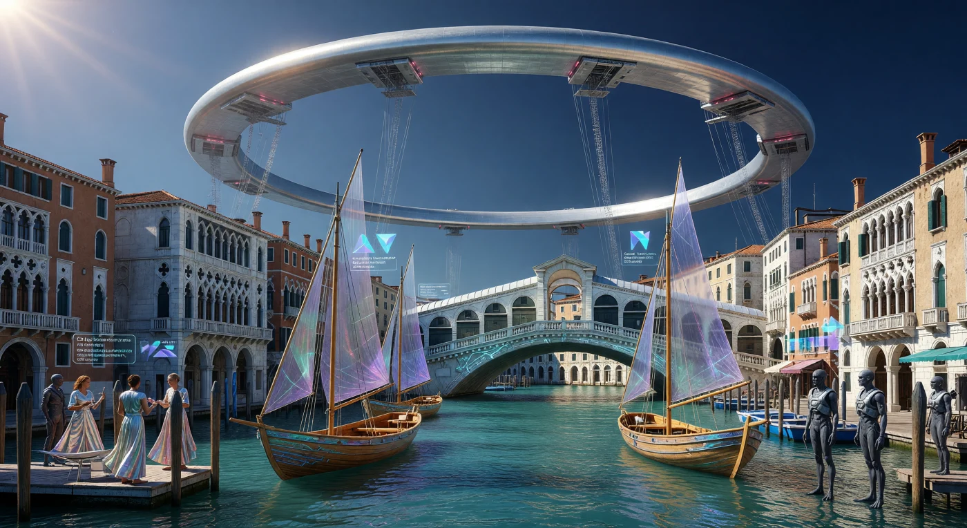 Tijdens de Dageraad van de Interstellaire Era (3000–5000 n.Chr.) varen koopvaardijschepen van bio-engineered cederhout (*Cedrus*) door de herstelde kanalen van Venetië, voortgestuwd door iriserende zonnezeilen die zowel wind als microgolfenergie vangen. Terwijl de massieve zilveren boog van een orbitale ring de strakblauwe hemel domineert, illustreert deze scène de technologische bloei van een Kardashev 1.9-beschaving die de aarde als ecologisch reservaat heeft hersteld. Op de kades interageren biologische 'Baselines' met aan het vacuüm aangepaste menselijke varianten, wiens verlengde ledematen en stralingsbestendige, loodhoudende huid de verregaande biologische divergentie van de mensheid in het zonnestelsel markeren.