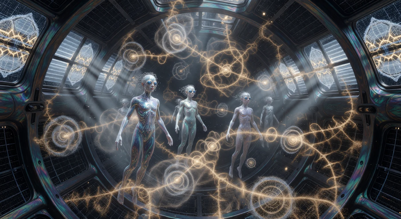 During the era of The Horizon (c. 100,000–1,000,000 CE), post-human Bio-Engineers and digital Mycelial-Minds collaborate within a massive "Bridge" relay station to synthesize the "Great Gene-Song." This intricate three-dimensional lattice of light represents complex genetic sequences designed to seed life across sterile star systems in the Inner Rim. The scene demonstrates the advanced capabilities of the Seeder civilization, where biological evolution is no longer a matter of chance, but a deliberate, planetary-scale art form powered by the harnessed energy of entire stars.