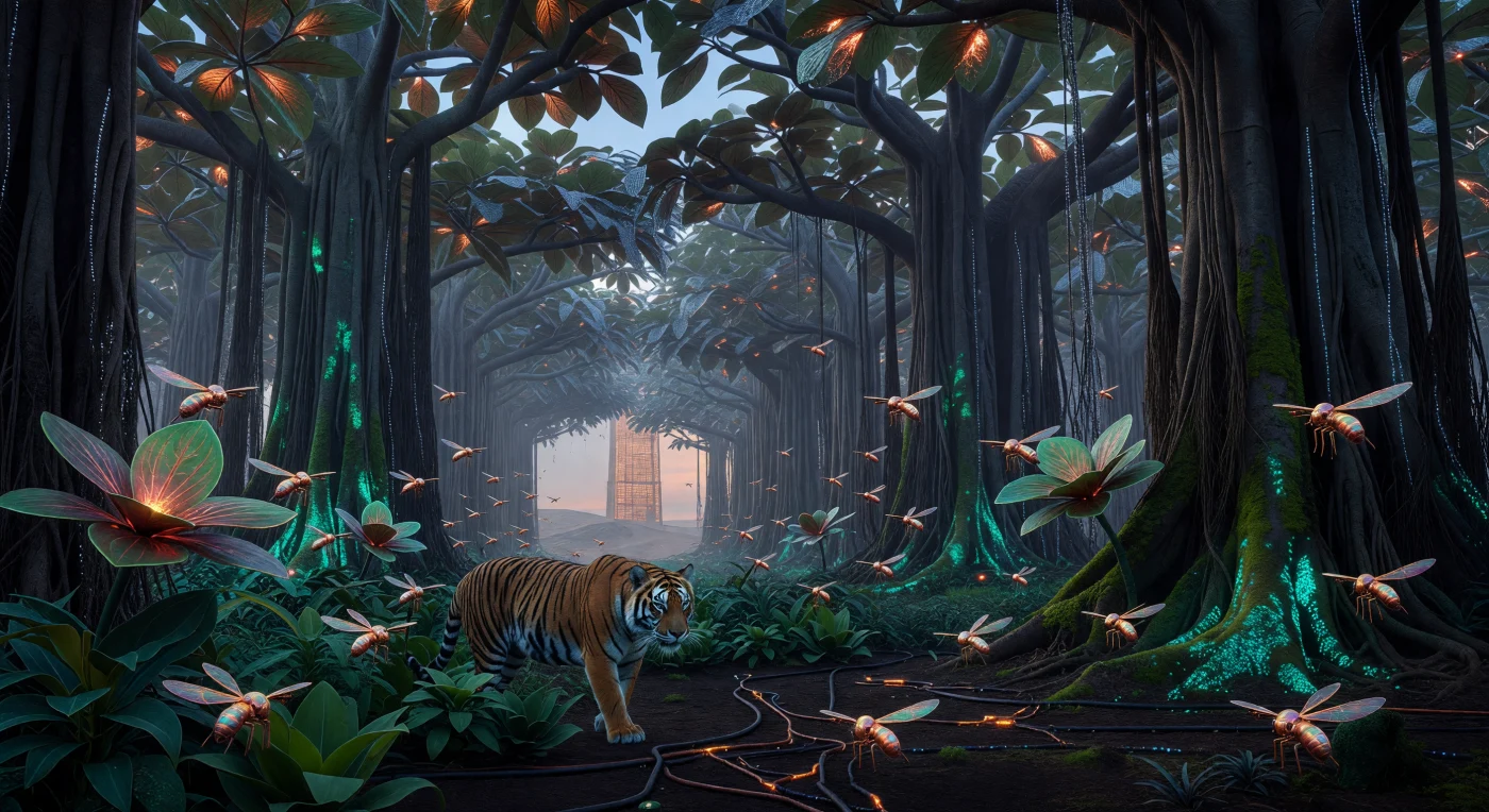 Ein Königstiger (*Panthera tigris*) durchstreift die dichten Korridore der „Großen Grünen Mauer“, in der bio-engineered Banyan-Feigen mit integrierten Perowskit-Photovoltaikzellen ein künstlich gekühltes Mikroklima schaffen. Diese Aufnahme aus der Ära der „Schwelle“ (ca. 2025–2050 n. Chr.) dokumentiert die technologische Symbiose der Südasiatischen Föderation, die durch genetisch modifizierte Flora und autonome „Bienen-Drohnen“ aus Graphen den extremen Hitzewellen der Rajasthan-Wüste trotzt. Inmitten von biolumineszentem Moos und unter dem fahlen Licht orbitaler Spiegel existiert dieses hochkomplexe Ökosystem als hybride Lebensform an der Grenze zwischen biologischer Evolution und molekularer Ingenieurskunst.