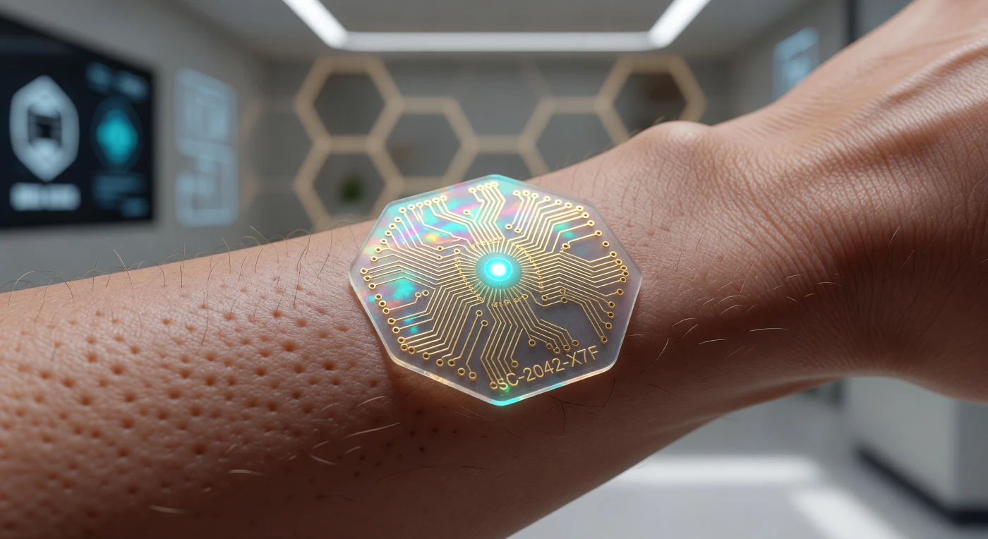 Ce dispositif hexagonal en silicone translucide illustre l'apogée de la période du « Seuil » (2025-2050), marquant la fusion définitive entre l'électronique et la biologie synthétique. Le patch Sentinel déploie 400 micro-aiguilles de maltose biodégradables pour échantillonner les signatures d'ARN du porteur, tandis que ses circuits d'or holographiques traitent l'information en temps réel. La lueur cyan du « Bio-Dot » central signale ici une détection pathogène positive, témoignant d'une ère où l'humanité a intégré des outils moléculaires de survie directement à son enveloppe biologique pour répondre instantanément aux menaces virales du milieu du XXIe siècle.