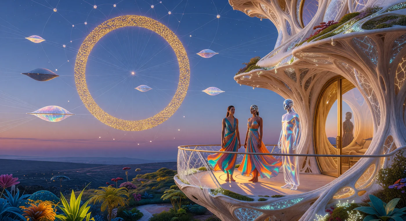 In der Ära der Kosmischen Reife (ca. 24.500 – 102.000 u. Z.) blicken Bewohner der „Bio-Pure“-Klasse von der Terrasse eines baumartigen Myzel-Habitats auf den dämmernden Himmel der restaurierten Erde. Über ihnen erstrahlt das Sol-Stellar-Array, ein gigantischer Dyson-Schwarm aus goldenen Kollektoren, der die Sonne als primäre Energiequelle einer Typ-II-Zivilisation umschließt. Diese Momentaufnahme zeigt die vollendete Symbiose aus biologischem Leben und interstellarer Ingenieurskunst, in der gravimetrische Gleiter lautlos durch eine Atmosphäre gleiten, die durch technologische Perfektion in ein dauerhaftes Holozän-Gleichgewicht zurückgeführt wurde. Neben den Menschen manifestieren sich digitale „Echos“ als Hard-Light-Projektionen und zeugen von einer Zeit, in der die Grenze zwischen biologischer Existenz und reinem Bewusstsein fließend geworden ist.