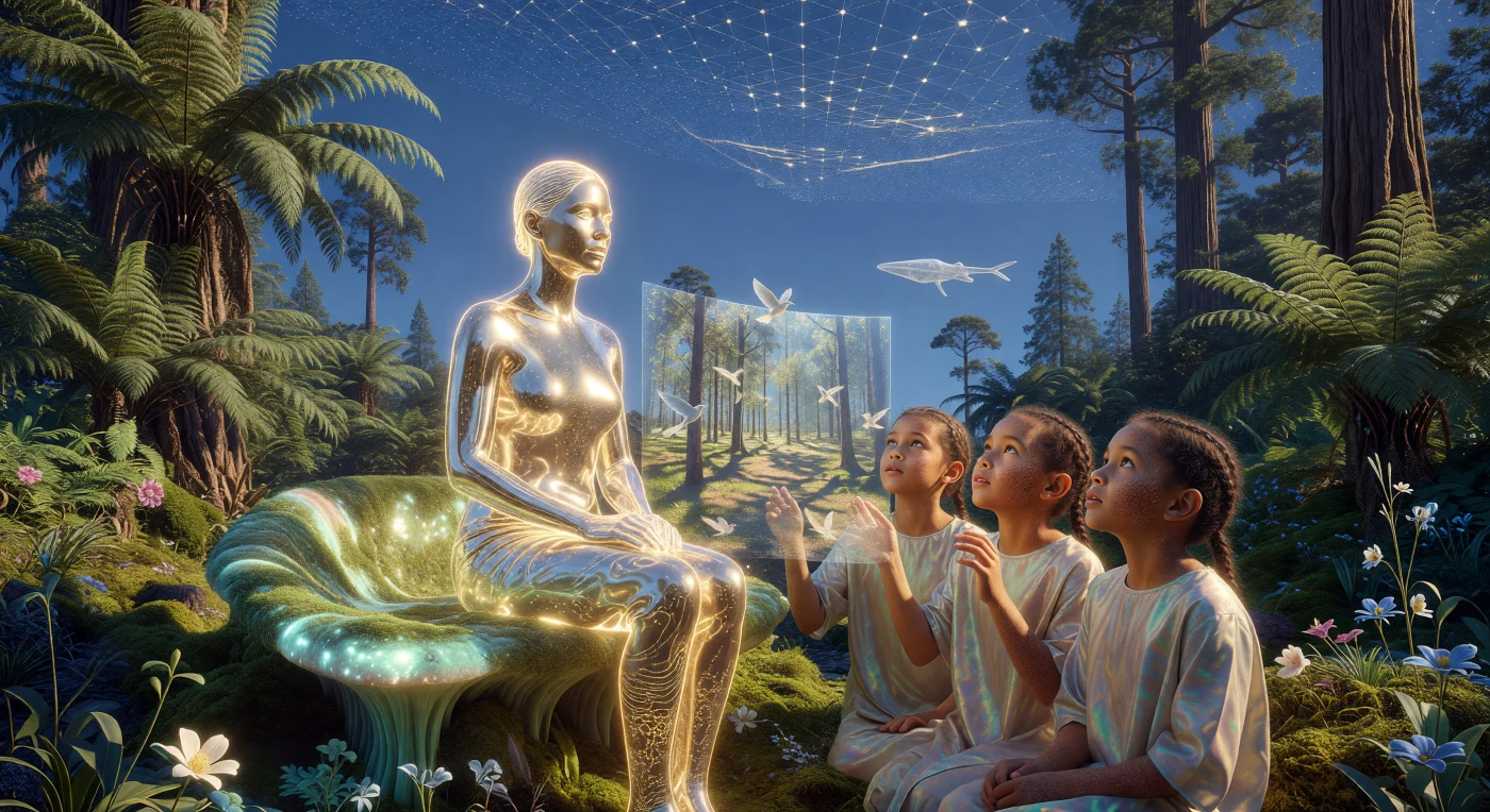 In dieser Szene aus der Ära der Kosmischen Reife (ca. 24.500 – 102.000 n. Chr.) manifestiert sich ein „Echo“ – eine digitale Bewusstseinsform in Gestalt einer Frau aus Hard-Light –, um eine 4D-Holografie urzeitlicher Wälder mit einer Gruppe von „Bio-Pure“-Kindern zu teilen. Die Erde dient in dieser fernen Zukunft als streng geschütztes Garten-Museum, dessen Klima durch ein gewaltiges Sol-Stellar-Array stabilisiert wird, während de-extinktierte Megaflora wie Mammutbäume die regenerierten Landschaften des „Pleistozän-Plus“ dominiert. Diese intime Archivierung von Erinnerungen verdeutlicht die tiefe Verbindung zwischen den unaugmentierten Bewohnern der Erde und dem digitalen Erbe ihrer Vorfahren in einer technologisch vollendeten Zivilisation vom Typ II auf der Kardaschow-Skala.