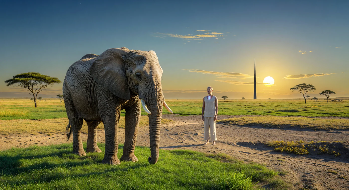 In dit tableau van Terra Memoria rond 450.000 n.Chr. graast een kudde genetisch gereconstrueerde Afrikaanse olifanten (*Loxodonta africana*) op de mathematisch geperfectioneerde savannes van de Serengeti. Terwijl een 'Ontwaakte' pelgrim in een menselijk avatar-lichaam toekijkt, handhaven onzichtbare atmosferische filters en zwaartekrachtankers een onberispelijke imitatie van het Holoceen-tijdperk. Deze iconische megafauna wordt in een 'Statisch Eden' bewaard door een zon binnen een Dyson-schil, waarbij geavanceerde techniek de natuurlijke erosie van de diepe tijd volledig tot stilstand heeft gebracht.