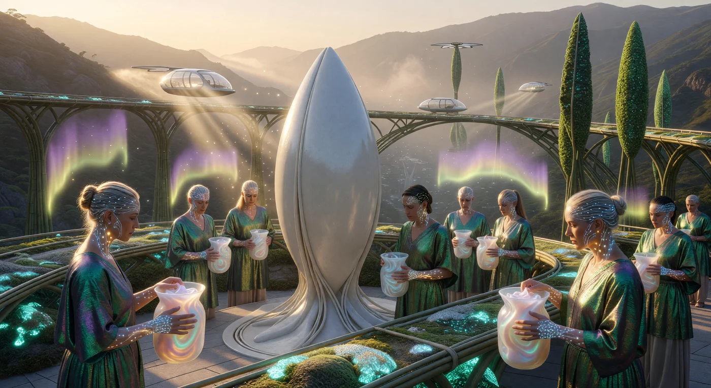 In deze reconstructie van de "Augmented Dawn" (2050–2100) zien we een gemeenschappelijke voedselvoorziening in een hooggelegen rurbane nederzetting van de Southern Alliance. De aanwezige "Bio-Synths" vertonen kenmerkende Neural Mycelium-integraties en dragen bio-zijde die de structuur van insectenschilden nabootst, terwijl hun onderhuidse bioluminescentie de collectieve emotionele staat van de groep visualiseert. Op de achtergrond domineren genetisch gemodificeerde "Living Trestles" en algen-zuiverende torens het landschap, wat getuigt van een unieke evolutionaire fase waarin de mensheid en de biosfeer volledig zijn versmolten tot één functioneel ecosysteem.