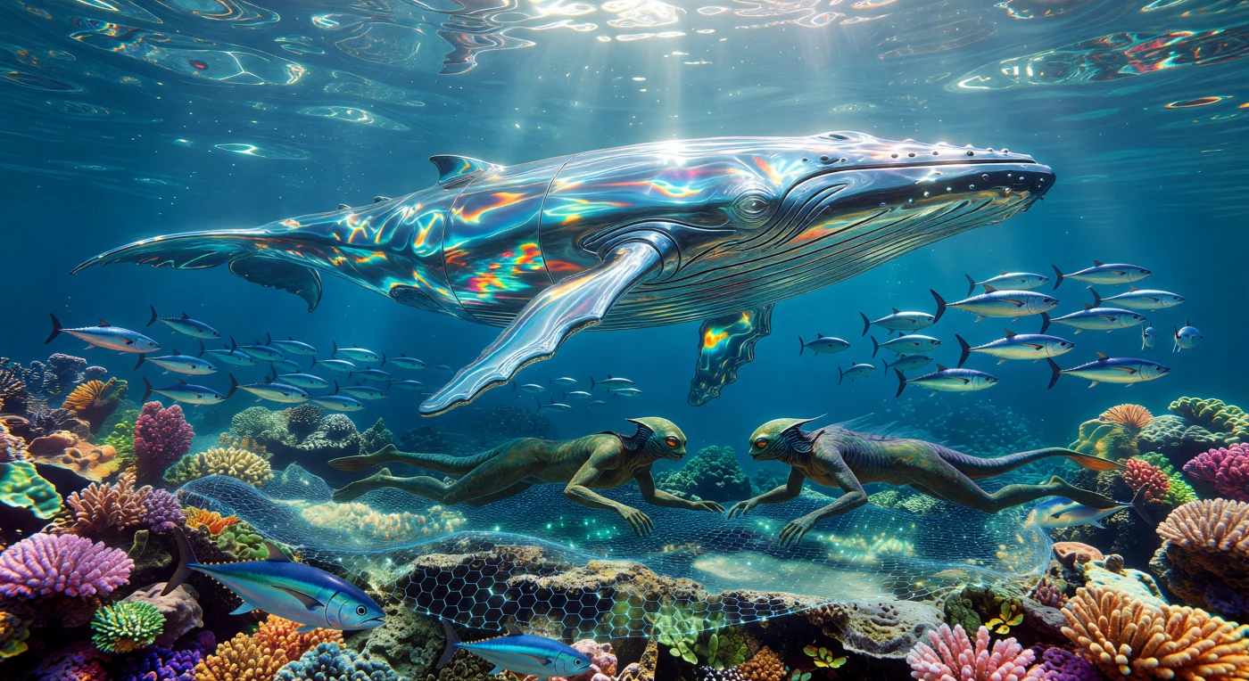 Set in the Earth Natural Territories during the Convergence era (c. 2164 AD), this scene illustrates the sophisticated stewardship of a rewilded marine ecosystem. A 30-meter bio-synthetic whale avatar, serving as a vessel for an uploaded Eidolon consciousness, glides past engineered post-humans known as Silvanids who maintain a translucent Rectenna mesh used for wireless energy collection. The presence of resurrected bluefin tuna alongside these high-tech wardens highlights the successful restoration of biodiversity through de-extinction science and the integration of zero-footprint infrastructure.