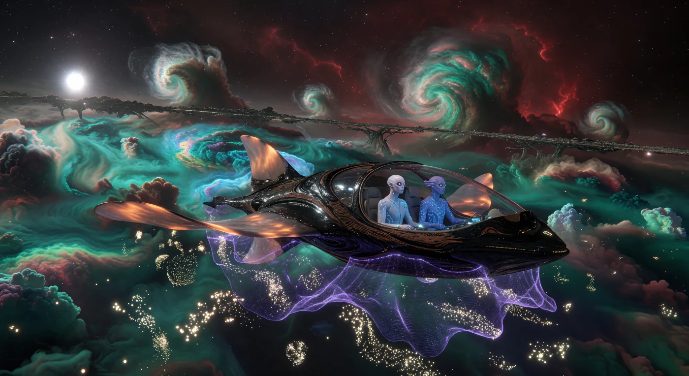 No período conhecido como O Horizonte, entre 100.000 e 1.000.000 d.C., os Bio-Engenheiros da civilização Semeadora realizam a colheita atmosférica em gigantes gasosos utilizando gôndolas orgânicas de madeira reforçada com nanotubos de carbono. A imagem captura o momento em que redes magnéticas de plasma violeta filtram enxames de aero-plâncton dourado em meio a turbulentas nuvens de metano, sob a luz contrastante de um sistema estelar binário. Esta atividade vital sustenta as imensas estações biológicas "Árvore-Mundo", demonstrando uma era onde a biologia e a engenharia se fundiram para transformar o cosmos em um ecossistema deliberadamente cultivado.