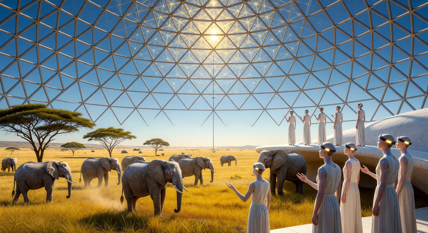 In der 15. Jahrtausendwende wandert eine Herde bio-gedruckter Afrikanischer Elefanten (*Loxodonta africana*) durch eine stabilisierte Savanne unter der monumentalen Diamantglaskuppel des Serengeti-Museums im Sol-Kern. Während am Himmel das goldene Gitter des Dyson-Stellar-Arrays die technologische Macht einer Kardaschow-II-Zivilisation bezeugt, nutzen post-biologische Pilger neuronale Synapsen-Overlays, um die verlorene biologische Geschichte der Erde unmittelbar zu erleben. Diese synthetisch rekonstruierten Dickhäuter dienen als lebende Archive in einer Ära, in der die Menschheit ihre biologischen Ursprünge weit hinter sich gelassen und das Sonnensystem in eine integrierte Megastruktur verwandelt hat.