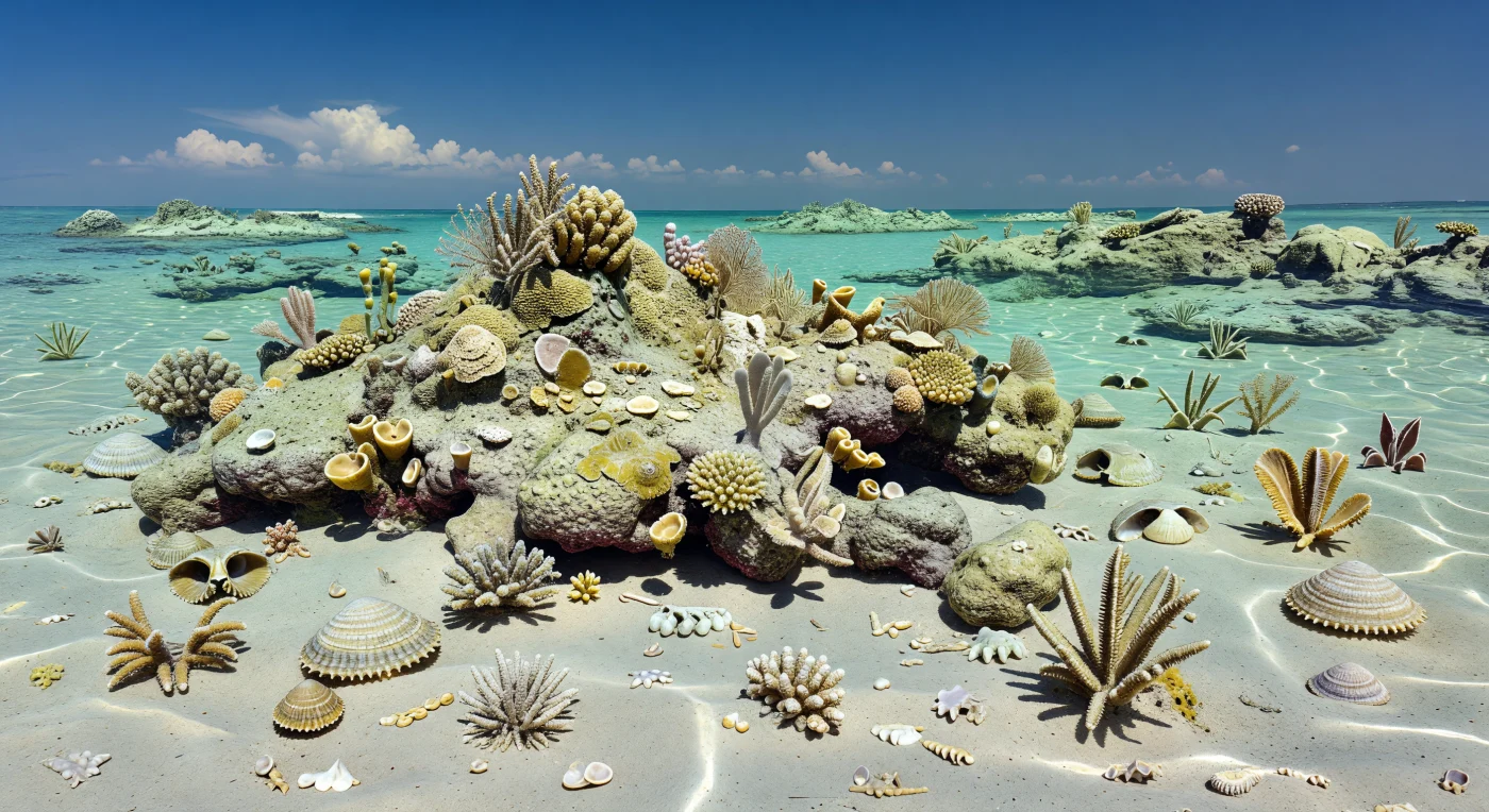 Sur cette plate-forme tropicale peu profonde de la Paleo-Téthys, il y a environ 255 à 252 millions d’années, de bas récifs en dômes formés surtout par des éponges calcifiées, des croûtes microbiennes et des algues calcaires émergent d’une eau turquoise limpide. Entre ces biohermes vivent des coraux rugueux Waagenophyllum, des bryozoaires fenestrés en fines dentelles et des crinoïdes pédonculés, tandis que le fond carbonaté clair est tapissé de brachiopodes comme Productus et Neospirifer. Cette mer chaude du Permien terminal, sur la marge de la Pangée, montre un monde marin foisonnant juste avant la crise de la fin du Permien, la plus grande extinction de masse connue, qui bouleversa la vie sur Terre vers 252 millions d’années.