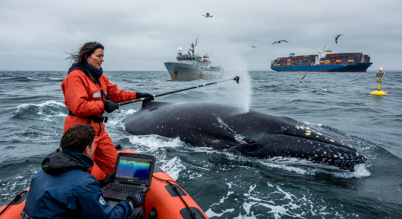 En las gélidas aguas de la Bahía de Fundy, un equipo de investigadores utiliza sensores acústicos y tecnología satelital para rastrear a una ballena franca glacial, cuya piel revela cicatrices de enredos con artes de pesca. Mientras los científicos documentan el comportamiento del cetáceo, la presencia de un buque portacontenedores en el horizonte subraya la realidad de la "Frontera Azul" en la Era Digital: un océano transformado en una autopista industrial altamente monitoreada. Esta escena captura la tensión del siglo XXI entre la explotación logística global y los esfuerzos tecnológicos urgentes por preservar la biodiversidad marina frente a la crisis ambiental.