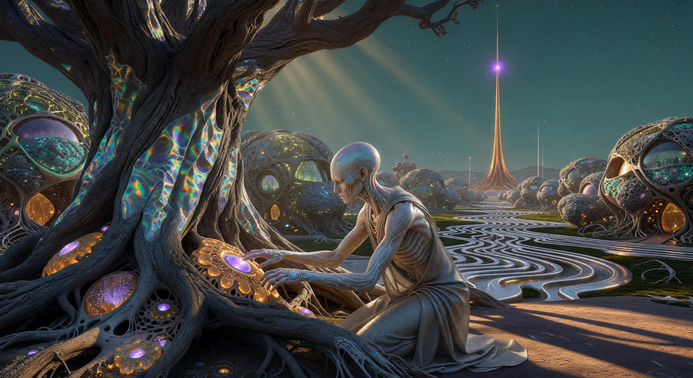 Set during the Convergence (2100–2200 AD), this scene illustrates the total synthesis of biology and digital technology within a Fractal Urbanism park. A post-human individual interacts with the bioluminescent neural nodes of an "Ancestor Tree," a bio-engineered organism whose biolith roots and mycelium-silicon core serve as a living archive for digital consciousness. In the background, the horizon is dominated by coral-like Myco-Hive residences and a towering Synaptic Spire, structures cultivated from living stone and carbon-thread to facilitate global neural connectivity.