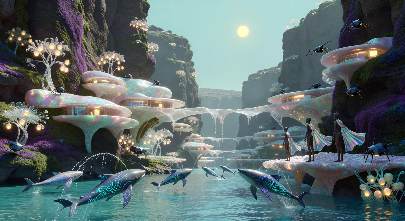 In het jaar 2750 tonen de diepe fjorden van Valles Marineris de spectaculaire resultaten van eeuwenlange terraforming, waarbij genetisch gemodificeerde Ares-Cetaceeën met pulserende bioluminescente patronen hoog boven het turquoise water uitspringen. Door de lage zwaartekracht van 0,38g maken deze vijftien meter lange waterzoogdieren gracieuze sprongen langs de gigantische canyonwanden, die bekleed zijn met paarsgroene stikstofbindende mossen en iriserende koraal-silicaatwoningen. Vanaf deze zwevende terrassen slaan de langgerekte Homo Martians de interactie gade, levend bewijs van een tijdperk waarin Mars is getransformeerd van een dode rode rots tot de vitale, groene longen van ons zonnestelsel.