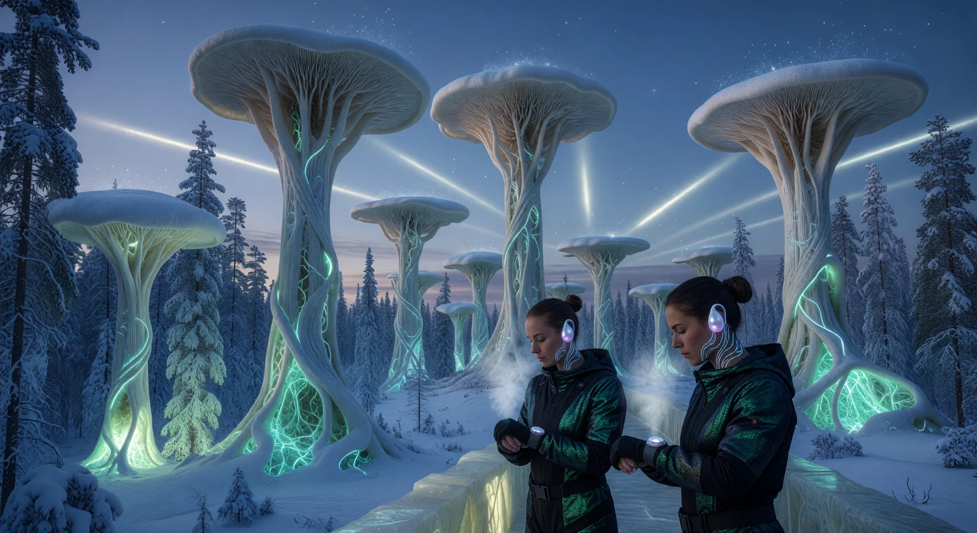 In de ijzige schemering van de Scandinavische Boog domineren immense, uit chitine opgetrokken mycelium-torens het landschap, waarbij hun ivoren wanden oplichten door de ritmische gloed van bioluminescente algenaders. Deze organische architectuur markeert de 'Augmented Dawn' (2050–2100), een cruciaal tijdperk waarin de mensheid via de Synaptische Brug en Helios-4 fotovoltaïsche huid volledig integreerde met haar omgeving. Als gigantische, koolstof-vastleggende longen getuigen deze 150 meter hoge structuren van een transformatieve periode waarin de grens tussen biotechnologie en ecologie definitief vervaagde.