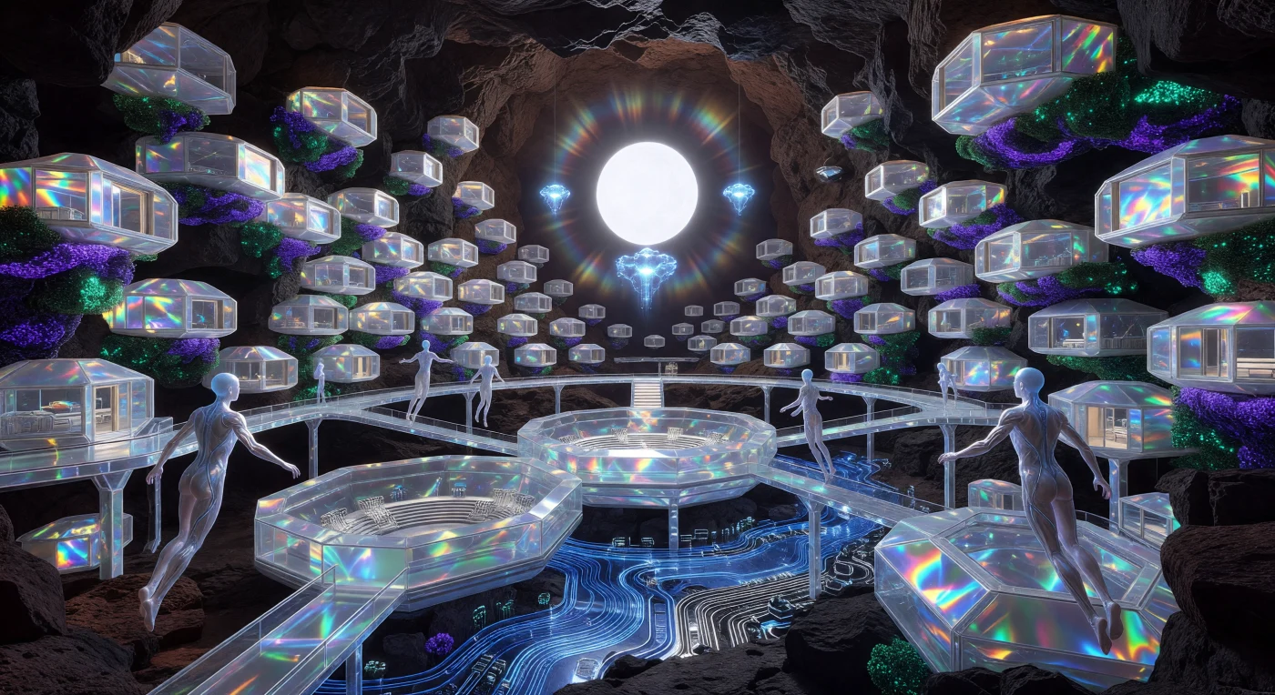 In deze reconstructie van een Martiaanse Geode-Stad uit het tijdperk van de Interstellar Dawn (3000–5000 n.Chr.) zien we hoe de vroege interstellaire mensheid zich diep onder de basaltkorst van de rode planeet vestigde. De wanden van de enorme caverne zijn bekleed met hexagonale woonmodules van moleculair versterkt grafeen, overwoekerd door een levend mycelium-silicaat dat de atmosfeer filtert en de ruimte in een violette gloed baadt. Een centrale miniatuur-fusiestun, zwevend tussen blauwe gravitatie-ankers, voorziet de langgerekte post-humane bewoners van de nodige energie voor hun bestaan in deze geavanceerde technologische biosfeer.