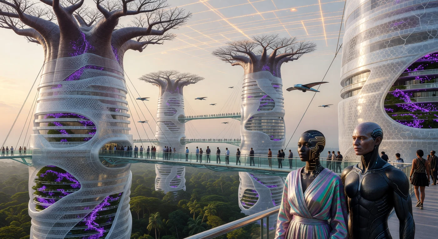 In the year 2088, the Lagos skyline is defined by "Living Towers," 200-story biomimetic skyscrapers constructed from graphene-reinforced ceramic that mimic the carbon-sequestering properties of giant baobab trees. These structures are integrated with violet bioluminescent moss (*Pleurotus-carbonis*) and wireless power rectennas, supporting a tripartite society of Augmented humans and Synthetics who traverse high-altitude sky-bridges. This scene from the Augmented Dawn era illustrates the success of the Great Reclamation, where advanced energy systems and genetic engineering allowed massive urban centers to thrive in harmony with a restored tropical rainforest ecosystem.