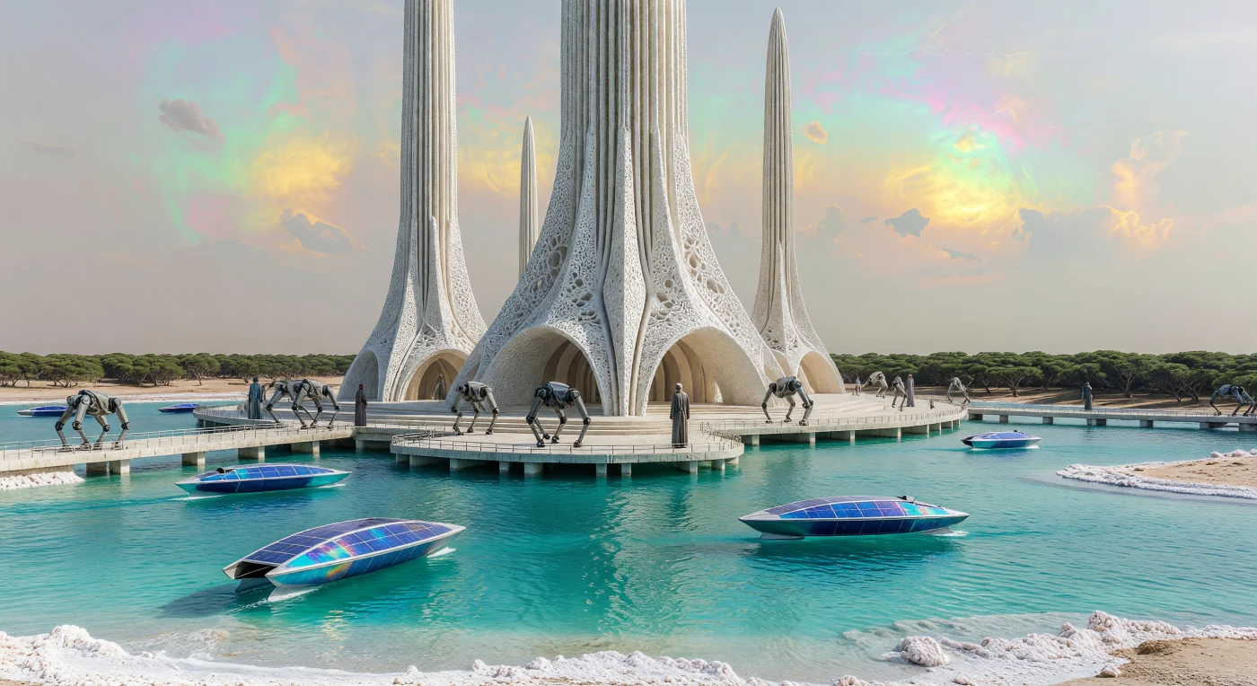 Diese Rekonstruktion zeigt ein monumentales Entsalzungszentrum am Roten Meer um das Jahr 2042, ein Schlüsselbauwerk der „Threshold“-Periode während des Übergangs vom Kohlenwasserstoff- zum Photonen-Zeitalter. Vor einem durch stratosphärische Aerosole künstlich vergoldeten Himmel navigieren autonome Hydrofoils durch Gewässer, deren Salzgehalt durch klimatische Umbrüche bereits um 12 % über dem historischen Durchschnitt liegt. Im Hintergrund erstreckt sich die „Grüne Mauer“ aus genetisch modifizierten Ghaf-Bäumen (*Prosopis cineraria*), die als neue anthropogene Biosphäre der fortschreitenden Desertifikation trotzt und durch die biomimetische Infrastruktur der Anlage am Leben erhalten wird.