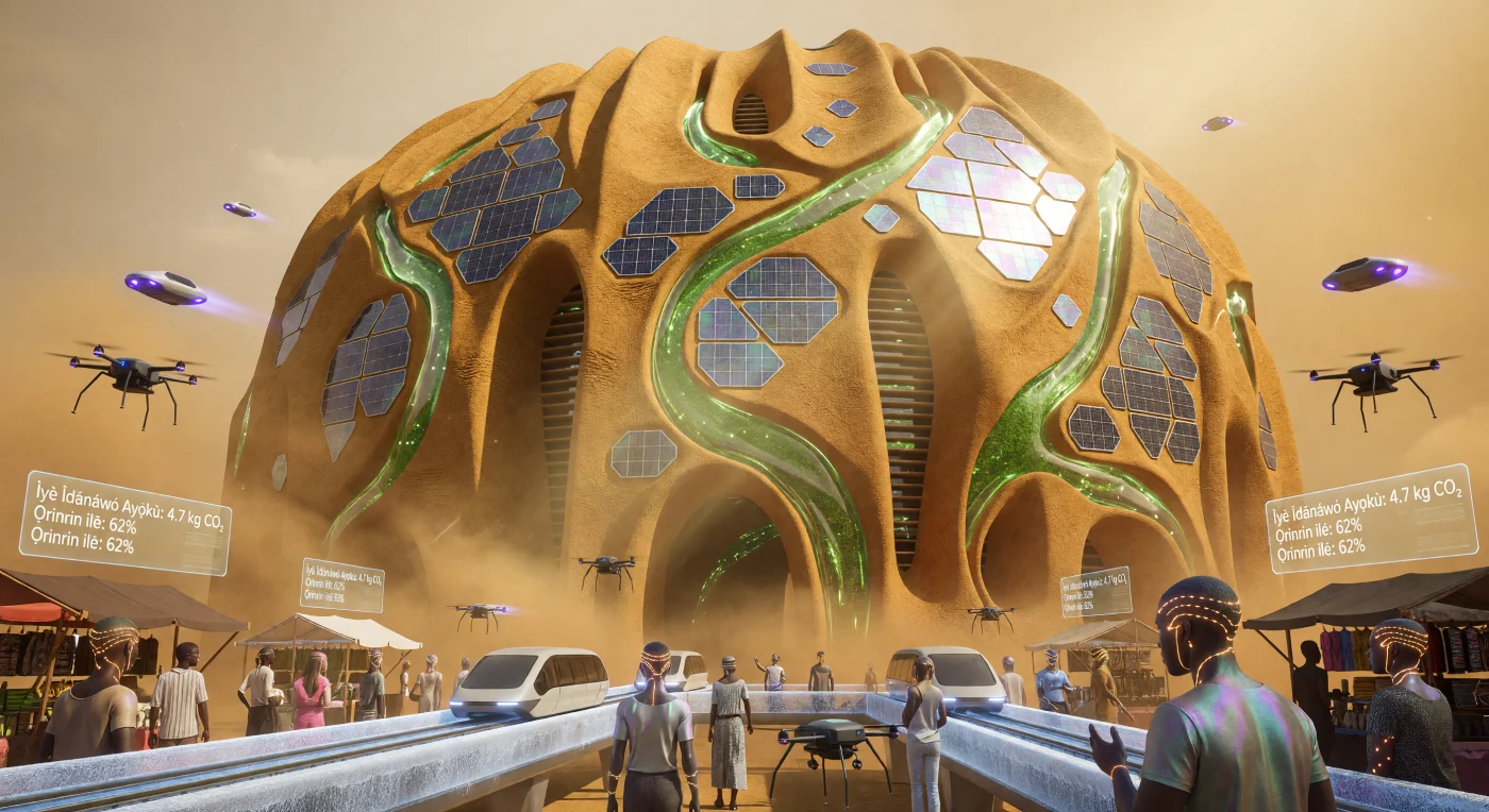 In de jaren 2040, tijdens het tijdperk van "De Drempel", wordt de skyline van Lagos gedomineerd door 1.200 meter hoge biomimetische megastructuren die de ingenieuze, poreuze architectuur van *Macrotermes*-termietenheuvels nabootsen voor passieve thermoregulatie. Deze organische torens, vervaardigd uit 3D-geprint regoliet en mycelium, ademen via een "levende huid" van bioluminescente algen en zonnecellen die koolstof filteren uit de verzengende tropische lucht. Te midden van een goudkleurige waas van Saharastof navigeren bewoners met *Kipaji*-neurale interfaces langs geruisloze maglev-shuttles en "Bio-Sentinelle"-drones, wat een evolutionair keerpunt markeert waarin de mensheid en haar technologie volledig zijn versmolten om te overleven in een getransformeerd klimaat.