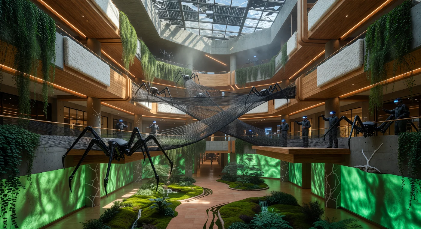 Während der Epoche der „Schwelle“ (2025–2050) dokumentiert dieser umgestaltete Atriumbau den globalen Übergang von rein mechanischer Architektur zu einer tiefgreifenden biologischen Synthese. Inmitten von tragenden Strukturen aus Brettsperrholz und isolierendem Pilz-Myzel weben autonome Roboterschwärme filigrane Kohlenstofffaser-Brücken, während raumhohe Wände aus biolumineszenten Algen die einstige Mall in ein rhythmisches grünes Licht tauchen. In den Fundamenten regeneriert das Bakterium *Bacillus pseudofirmus* die alternde Bausubstanz durch Kalksteinablagerungen und markiert so den Beginn einer „lebenden“ urbanen Geologie, die die Grenze zwischen Gebautem und Gewachsenem endgültig auflöst.