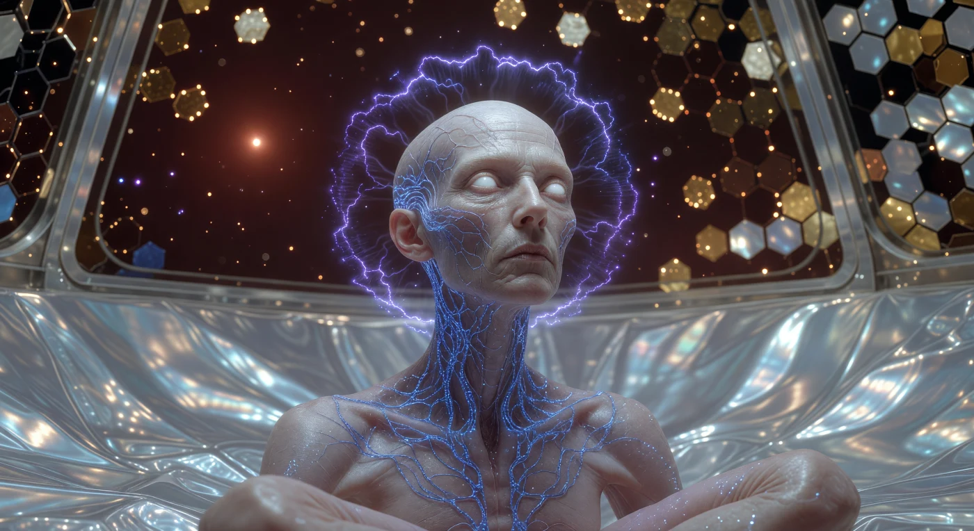 Diese Darstellung zeigt einen post-humanen Initiaten während einer Noosphären-Synchronisation im Mnemosyne-Archiv, einem technologischen Meilenstein der Ära der Kosmischen Reife (ca. 20.000 – 100.000 n. Chr.). Unter der durchscheinenden Haut pulsieren saphirblaue Bio-Photonen-Fäden, die den Transfer des Bewusstseins in ein stellares Quantennetzwerk signalisieren, während die Augen als hochdichte Datenspeicher in reinem Weiß erstrahlen. Vor der Kulisse eines Dyson-Schwarms im Hintergrund markiert dieser Moment die endgültige Verschmelzung der menschlichen Linie mit der galaktischen Infrastruktur und vollendet die 80.000 Jahre währende Evolution vom planetaren Bewohner zum architektonischen Gestalter des Kosmos.