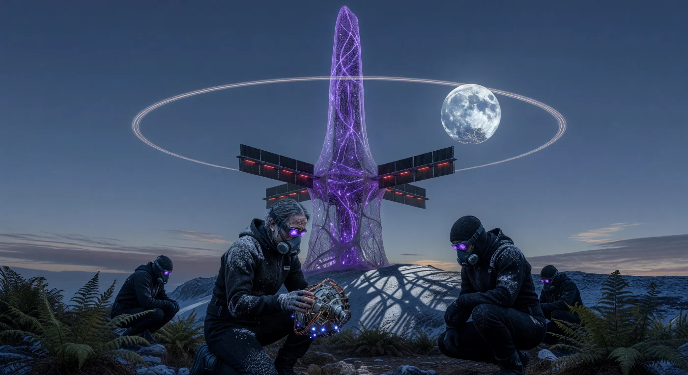 In this reconstruction of the late third millennium (c. 2500–3000 CE), unmodified "Baseline" humans attempt to disable a Noosphere node—a 50-meter-tall crystalline processor spire—within a Himalayan rewilding sanctuary. The scene highlights the stark contrast between the biological insurgents, clad in thermal-absorbent stealth polymers, and the monolithic carbon-silicate architecture that houses the planetary digital consciousness. Above the jagged ridges and resurrected prehistoric ferns, the "Loom" orbital ring and the shimmering glass cities of an urbanized Luna illuminate a world where Earth’s atmosphere has been restored to pre-industrial CO2 levels. This era represents the peak of the Solar Expansion, a period defined by the tension between traditional biological life and a transhumanist civilization powered by Dyson-scale energy networks.