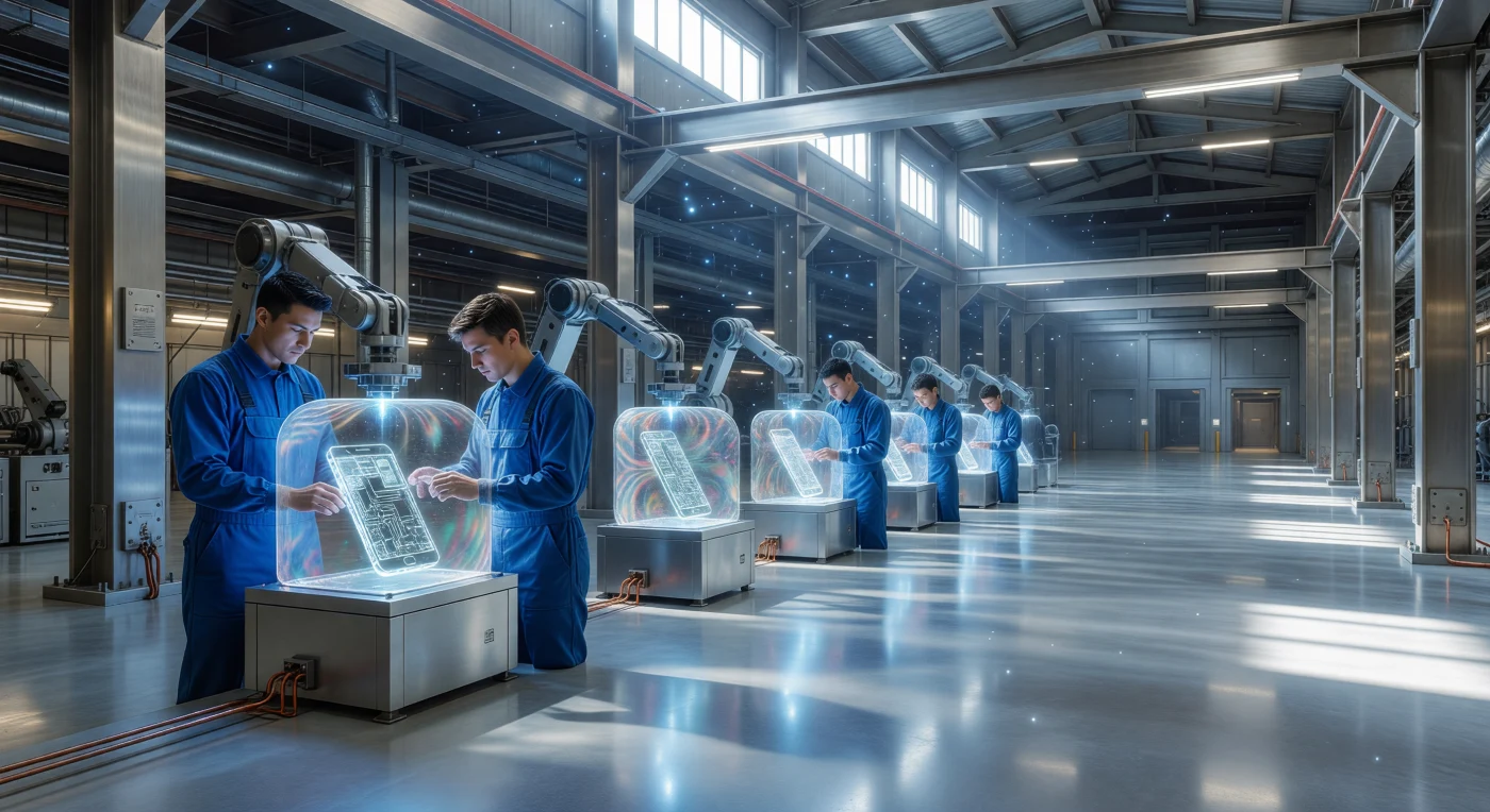 En esta asombrosa reconstrucción del año 450,000 d.C. en Terra Memoria, un grupo de Bio-Replicas de *Homo sapiens* supervisa líneas de montaje donde fabricadores moleculares ensamblan dispositivos del siglo XXI átomo por átomo. Bajo la luz solar simulada de la Esfera de Dyson, estos humanos genéticamente recuperados ejecutan "La Narrativa" con una precisión rítmica sobre suelos de hormigón preservados por anclajes gravitacionales que impiden la deriva tectónica. La escena ilustra la paradoja de la Era del Horizonte: el uso de tecnología de escala Kardashev II para recrear meticulosamente los artefactos mundanos de una civilización biológica extinguida hace milenios.