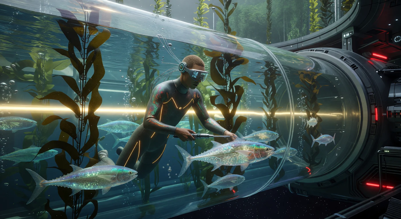 Inside the Alpha Drum of the *Ark of Sol*, a genetically adapted "Bios" diver harvests "Hydro-Ribs"—translucent, bio-engineered tuna designed for high-efficiency protein production through precision fermentation. Set during the Solar Expansion era (c. 2500–3000 AD), this scene illustrates the sophisticated aquaculture systems required for interstellar transit, featuring towering strands of engineered giant kelp within a massive, centrifugal gravity habitat. The diver’s iridescent, nanocyte-reinforced skin and neural-interface ports highlight the biological specializations necessary for humanity to thrive during the centuries-long journey between star systems.
