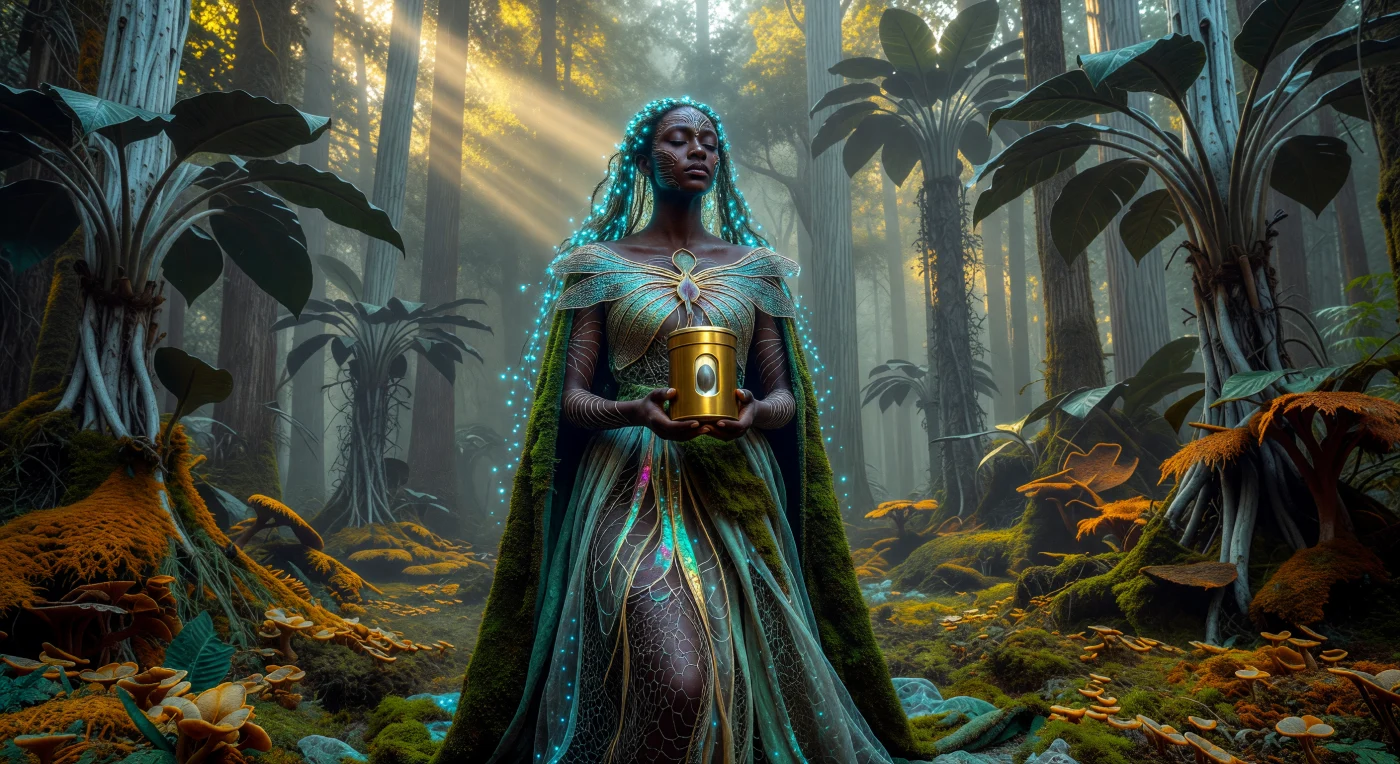 Diese Darstellung zeigt eine Priesterin der Terrestrischen Biozentriker während des „Ritus des Lebenden Samt-Myzels“, eingebettet in die hyper-oxygenierte Flora einer fernen Zukunft. In der Ära der Großen Divergenz (ca. 2200–2500 n. Chr.) entwickelte diese menschliche Teilkultur eine tiefgreifende biologische Symbiose, die sich hier in dermal implantierten Insektenflügel-Strukturen und Gewändern aus photosynthetischem Moos manifestiert. Das goldene Relikt in ihren Händen bewahrt einen unveränderten Erbgut-Kern der ursprünglichen Erdbiozönose und dient als heiliges Bindeglied zur evolutionären Vergangenheit unseres Planeten vor der großen Spaltung.