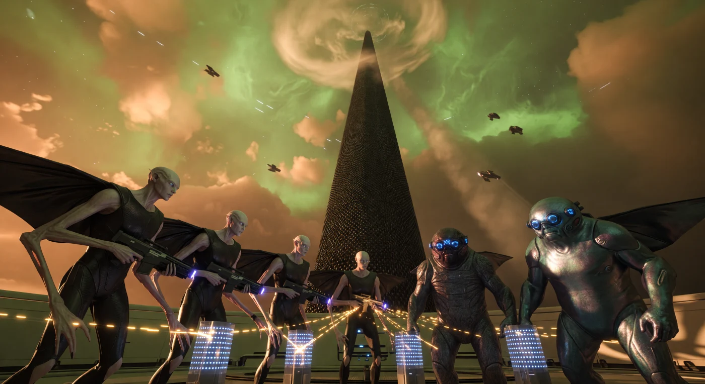 Situada na era da Expansão Solar (2500–3000 d.C.), esta cena retrata um bloqueio de segurança na base de um elevador espacial de nanotubos de carbono, suspenso a 50 quilômetros de altitude na densa atmosfera de Vênus. Os Aeros, humanos modificados com estruturas ósseas leves e membranas alares para a vida em habitats aerostáticos, defendem terminais de dados quânticos contra a incursão de Lithomorphos mercurianos, cujos corpos são blindados com bismuto e chumbo para suportar radiação extrema. Sob o brilho esmeralda do "pôr do sol eterno" vênusiano, o impasse ilustra as tensões biotecnológicas de uma civilização de Escala Kardashev 1.4 que moldou a própria evolução para dominar o ambiente hostil do sistema solar interno.