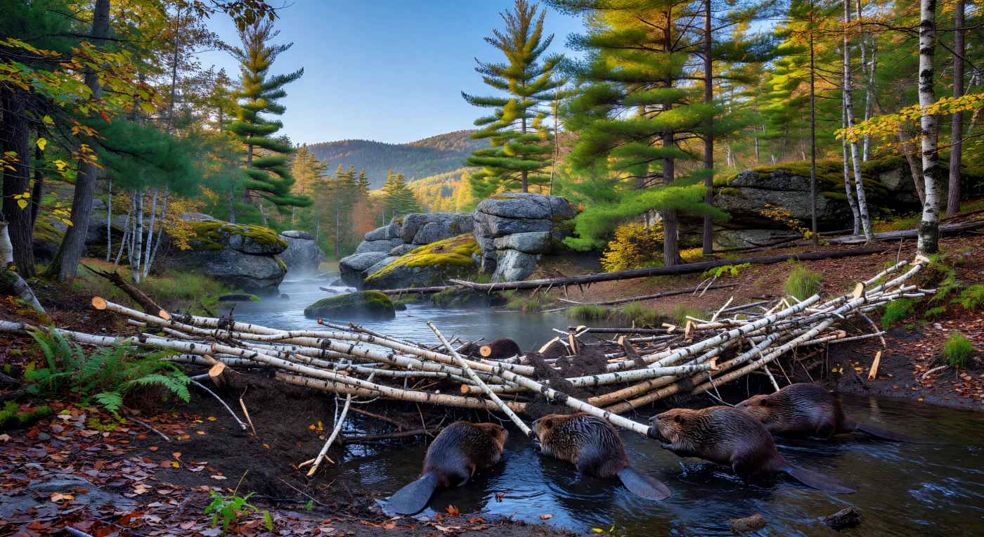 يصور هذا المشهد قنادس أمريكا الشمالية وهي تبني ببراعة سداً معقداً من أغصان البتولا والعلّيق وسط البرية البكر لمنطقة اللورينتيد في أوائل القرن السابع عشر، حيث تبرز آثار أسنانها الدقيقة على الخشب الأبيض تحت ضوء الصباح المتسلل عبر غابات الصنوبر والقيقب الكثيفة. تعكس هذه اللوحة الطبيعة الخلابة للدرع الكندي في بدايات العصر الاستعماري، وهي الفترة التي شهدت تأسيس مدينة كيبيك عام ١٦٠٨. يمثل هذا النظام البيئي حجر الزاوية في التاريخ الاقتصادي للمنطقة، حيث كان القندس المحرك الأساسي لتجارة الفراء التي صاغت العلاقات بين الشعوب الأصلية والمستكشفين الفرنسيين الأوائل.