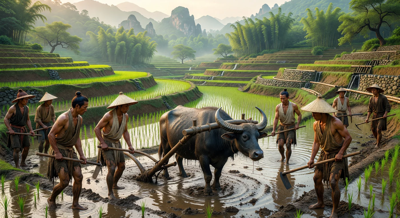 Tijdens de Song-dynastie in de twaalfde eeuw ploegen boeren, gekleed in eenvoudige tunieken van ramie, de modderige rijstterrassen van Zuid-China met behulp van krachtige waterbuffels. Deze indrukwekkende terrassen werden aangelegd voor de teelt van Champa-rijst, een snelgroeiend gewas dat essentieel was voor de enorme bevolkingsgroei en de economische bloei van die tijd. De combinatie van houten ploegen met ijzeren punten en vernuftige irrigatiesystemen van bamboe toont de geavanceerde landbouwtechnieken die het Chinese landschap in dit tijdperk transformeerden.