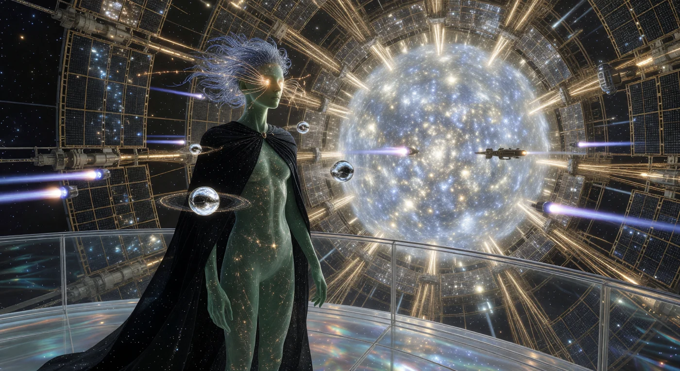 우주적 성숙기(서기 20,000~100,000년)에 도달한 인류의 후예인 '이터널(Eternal)'이 다이슨 스웜의 거대한 항성 집열판을 배경으로 서 있습니다. 이 포스트-휴먼은 빛을 99.9% 흡수하는 '보이드 블랙' 외투를 통해 엔트로피에 대한 완벽한 통제를 과시하며, 반투명한 비취색 피부 아래로는 신경계와 동기화된 금빛 나노 소자들의 '성좌 지도'가 흐릅니다. 복사 에너지를 감지하는 '빛수염'과 머리 위의 '신경 깃털'은 저중력 항성 환경에 맞게 진화한 고도의 신체적 특징이며, 신체 주위를 공전하는 미세 웜홀인 '공간 접힘'은 생물학적 한계를 넘어 우주 물리 법칙을 예술로 승화시킨 이 시대의 압도적인 기술력을 보여줍니다.