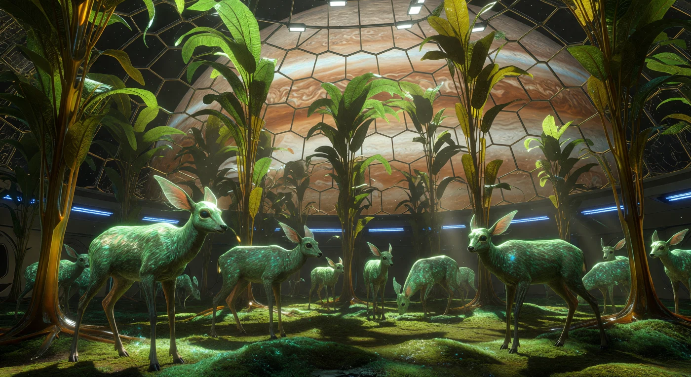 Bajo la imponente presencia de Júpiter, una manada de ciervos híbridos de ingeniería genética —dotados de esqueletos reforzados con nanotubos de carbono— recorre un bosque de árboles-quelpo gigantes que alcanzan los cien metros de altura gracias a la baja gravedad de Ganímedes. Este ecosistema de la Era de la Expansión Solar (2500-3000 d.C.) representa el pináculo de la bioingeniería joviana, donde la fauna posee pelajes nanofotónicos diseñados para la captación suplementaria de energía dentro de colosales hábitats protegidos por blindajes de oxinitruro de aluminio. La escena ilustra una simbiosis tecnológica y biológica avanzada, permitiendo la vida terrestre en el corazón de los campos de radiación más intensos del sistema solar.