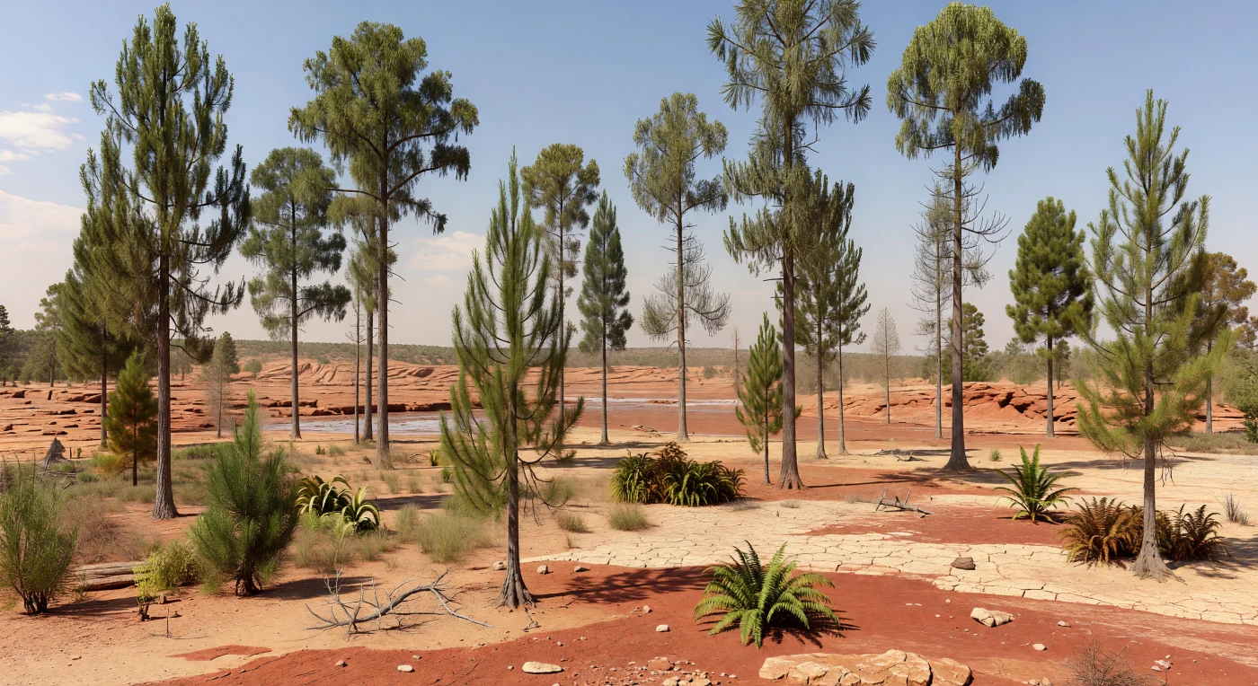 En esta escena del Carbonífero tardío, hace aproximadamente 310–300 millones de años, se abre un bosque seco y disperso del interior de Pangea, dominado por altos Cordaites de 15 a 25 metros, con troncos rectos y copas de largas hojas coriáceas elevadas sobre suelos arenosos rojo óxido y costras pálidas de calcreta. Entre ellos crecen coníferas tempranas del género Walchia, junto a helechos con semilla como Medullosa y Alethopteris, plantas adaptadas a la sequía estacional en un paisaje de abanicos aluviales, cauces efímeros y depresiones tipo playa. Lejos de los pantanos de carbón más famosos de este período, este ambiente semiárido revela una cara menos conocida del Carbonífero: un mundo cálido, polvoriento y antiguo donde las plantas con semilla empezaban a dominar las tierras secas.