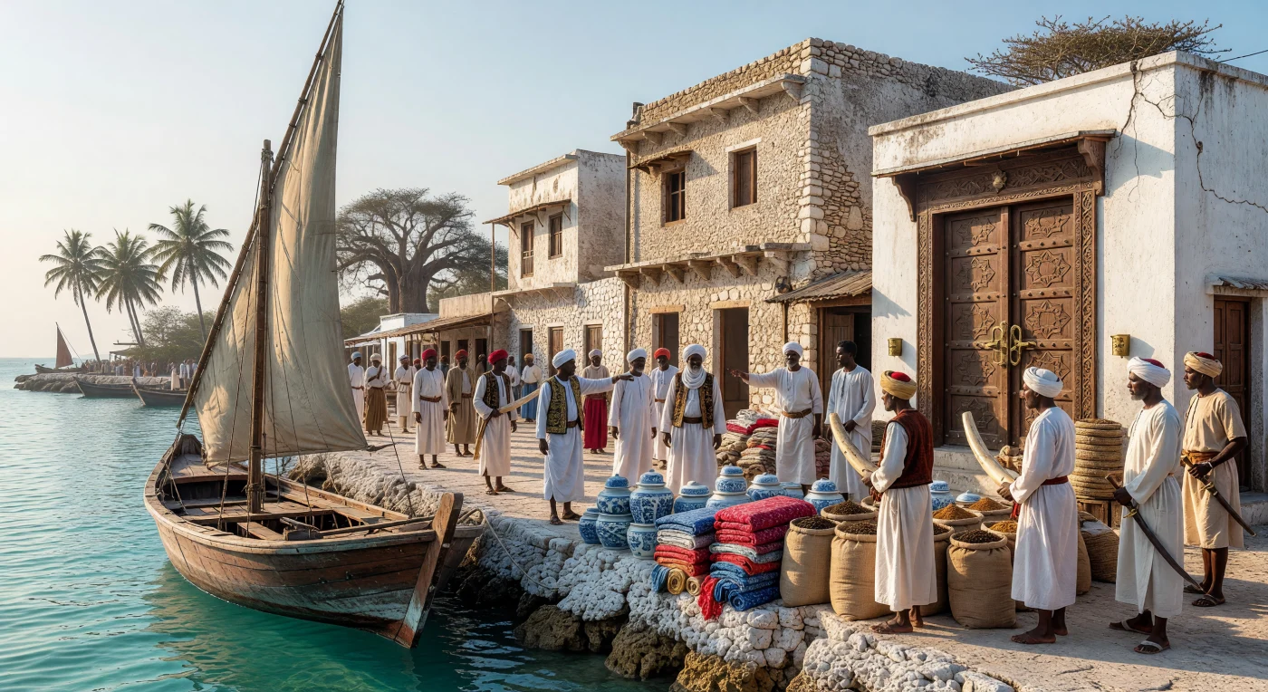 Au XVIIIe siècle, le port de Zanzibar bourdonne d'activité alors qu'un boutre traditionnel aux voiles triangulaires accoste contre un quai de corail blanc, baigné par la lumière dorée du matin. Des marchands swahilis et omanais, vêtus de soieries raffinées, y supervisent le déchargement de précieuses porcelaines chinoises et de textiles indiens, illustrant le rôle crucial de l'archipel au cœur des réseaux commerciaux de l'océan Indien. En arrière-plan, les imposantes demeures en pierre de corail et les portes en teck finement sculptées témoignent de la prospérité et du métissage culturel unique de cette plaque tournante de l'ère moderne.