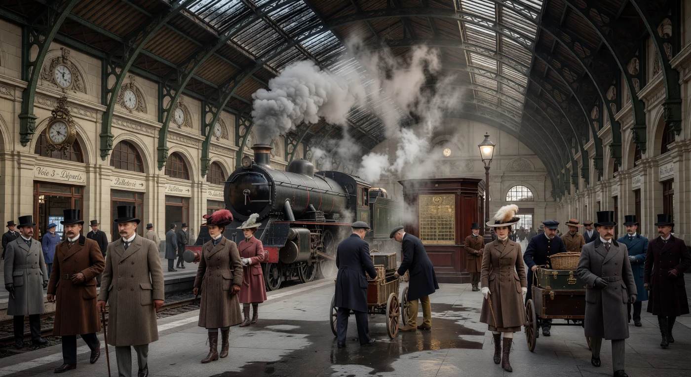 1900 के आसपास के इस दृश्य में एक विशाल यूरोपीय टर्मिनल को दिखाया गया है, जहाँ एक शक्तिशाली काला भाप इंजन लोहे और कांच की भव्य नक्काशीदार छत के नीचे पहुँच रहा है। ऊनी अल्स्टर कोट और सुरुचिपूर्ण टोपियों में सजे यात्री सुबह की सुनहरी किरणों और भाप के बादलों के बीच व्यस्त प्लेटफार्मों पर चहल-पहल कर रहे हैं। यह चित्र 'बेल एपोक' (Belle Époque) युग की तकनीकी प्रगति और रेल यात्रा के उस स्वर्ण युग को जीवंत करता है जिसने आधुनिक यूरोपीय समाज को एक नई गति प्रदान की थी।