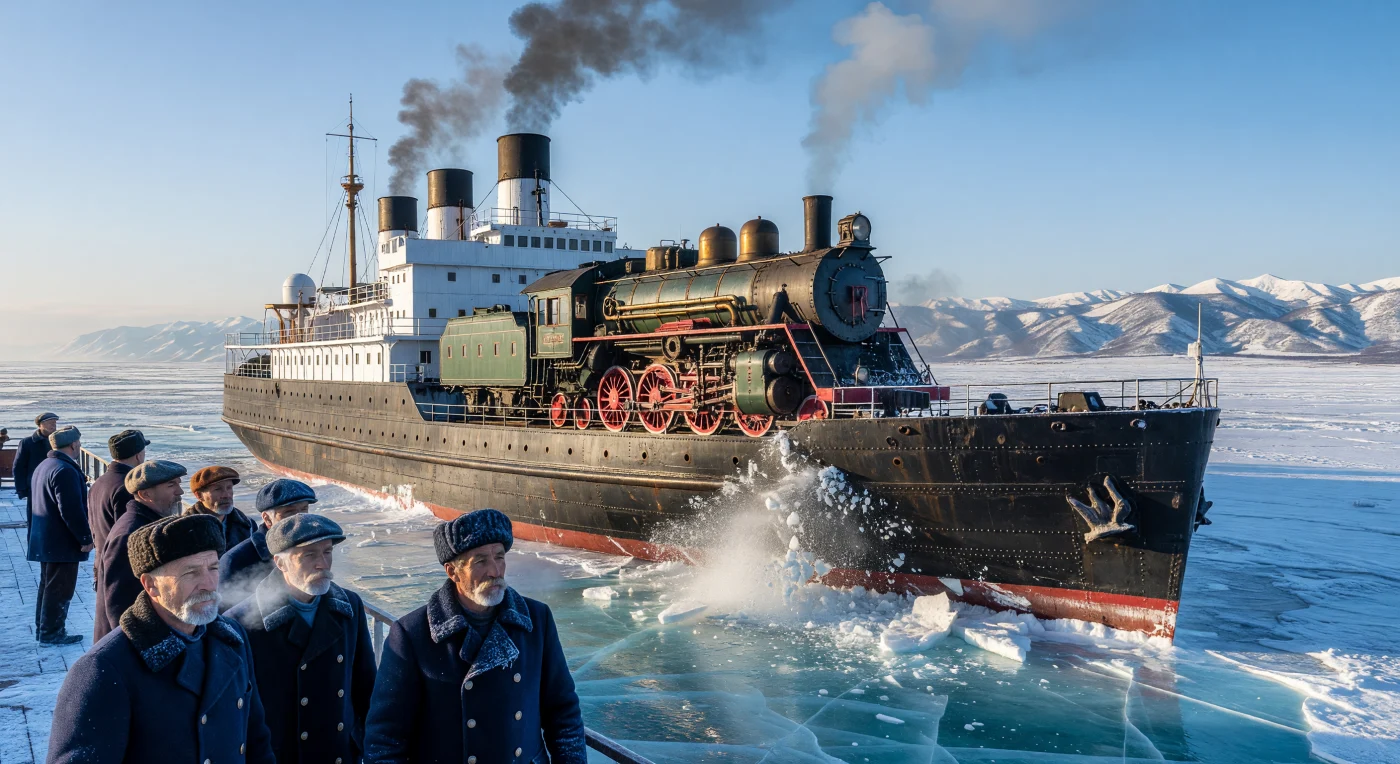 Le SS Baïkal, imposant brise-glace à coque noire et trois cheminées, fend ici la glace épaisse du lac éponyme en 1905, transportant sur son pont une locomotive à vapeur de « Classe O ». À cette époque charnière de la Belle Époque, ce navire servait de lien vital pour le Transsibérien, permettant de franchir les eaux gelées avant l'achèvement des voies terrestres contournant le lac. Sous le regard de marins russes vêtus de lourds cabans de laine, cette prouesse technologique illustre la progression de l'industrialisation impériale au cœur de la nature sauvage et glacée de la Sibérie.