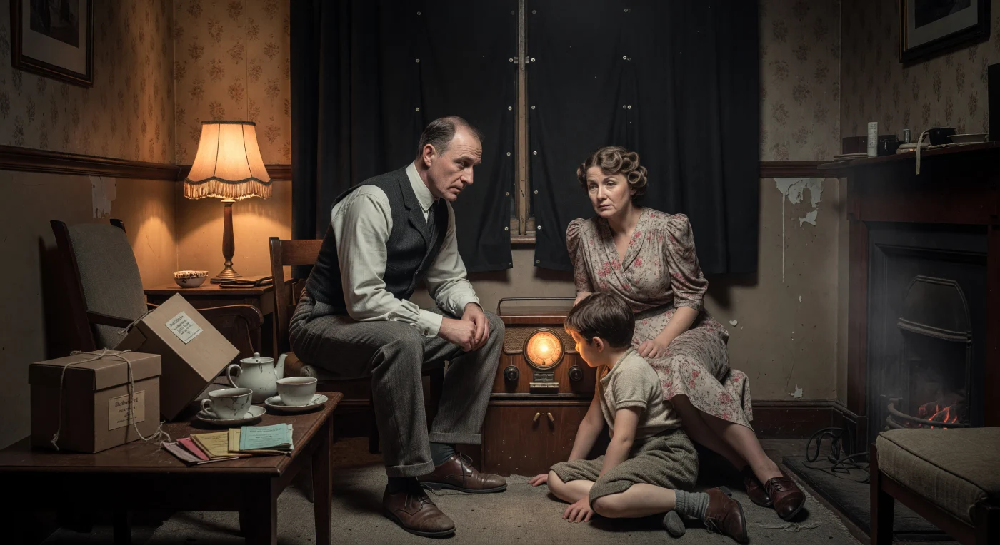 In einem beengten Londoner Wohnzimmer der 1940er Jahre harrt eine Familie während eines nächtlichen Blackouts aus, wobei schwere schwarze Vorhänge jeglichen Lichtschein nach außen unterbinden. Während sie gespannt den Nachrichten aus dem glimmenden Bakelit-Radio lauschen, zeugen Gasmaskenbehälter und Rationierungshefte auf dem Tisch vom entbehrungsreichen Alltag unter der ständigen Bedrohung durch den „Blitz“. Diese Szene fängt die beklemmende Atmosphäre und zugleich die bemerkenswerte Resilienz der britischen Zivilbevölkerung inmitten des Zweiten Weltkriegs ein.