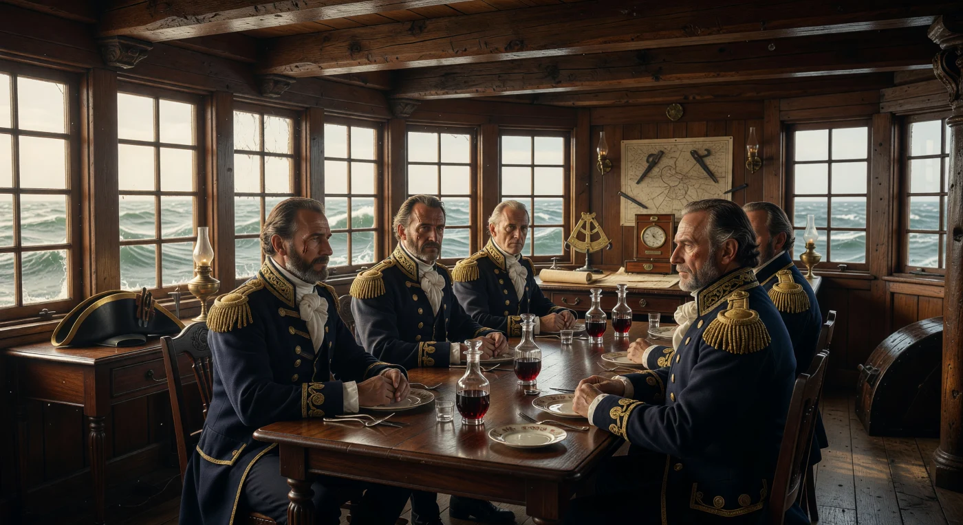 Hoge officieren in marineblauwe jassen met gouden epauletten dineren aan een gepolijste mahoniehouten tafel in de achterkajuit van een Brits linieschip rond 1805. Terwijl het zonlicht door de grote glaspartij valt en de woelige Noord-Atlantische Oceaan onthult, omringen navigatie-instrumenten zoals sextanten en chronometers deze formele bijeenkomst. Deze scène illustreert de scherpe sociale hiërarchie en de strategische ernst aan boord van de machtige houten vestingen die de wereldzeeën domineerden tijdens de napoleontische oorlogen.