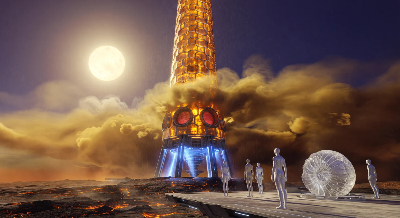 خلال عصر "فجر ما بين النجوم" (3000-5000 ميلادي)، يبرز برج معالجة الغلاف الجوي كمنارة هندسية بطول 100 كيلومتر تخترق السحب الكبريتية لكوكب الزهرة، محمية بغلاف خزفي كهرماني ومثبتة في القشرة البازلتية بواسطة حزم جذبوية متطورة. تعمل هذه المنشأة الضخمة على إعادة صياغة جيولوجيا الكوكب ومناخه عبر تفكيك ثاني أكسيد الكربون جزيئيًا لإنتاج الأكسجين، بينما يراقب سكان المنطقة من "ما بعد البشر" — الذين تطورت أجسادهم الرشيقة لتناسب الحياة في الجاذبية المنخفضة — هذا التحول الملحمي من فوق ساحات اصطناعية معلقة. تعكس هذه اللوحة ذروة العمارة الكونية في المستقبل البعيد، حيث تندمج المادة القابلة للبرمجة مع تقنيات استصلاح الكواكب لتطويع أقسى بيئات النظام الشمسي وتحويلها إلى مستوطنات بشرية مستدامة.