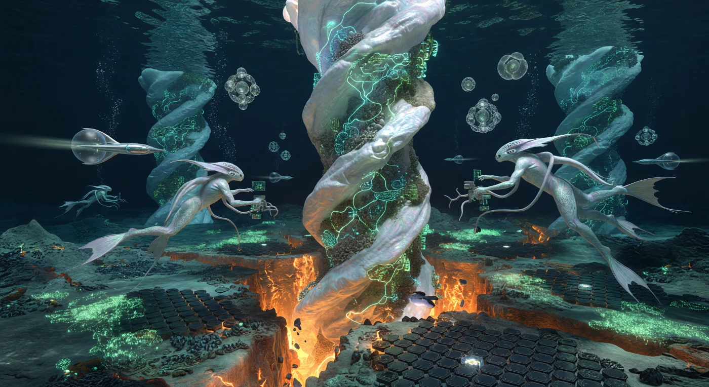 تُظهر هذه اللوحة "مدخنة دوامية" عملاقة يبلغ ارتفاعها كيلومترين، وهي هيكل من الكالسيوم اللؤلؤي يرتفع فوق صدع تكتوني متوهج في أعماق كوكب "تاو سيتي e" خلال عصر "فجر ما بين النجوم" (3000-5000 ميلادي). تستخدم هذه المنشآت مولدات "تأثير سيبك" لحصاد الطاقة من التدرج الحراري الهائل بين الينابيع البركانية التي تصل حرارتها إلى 400 درجة مئوية ومياه الأعماق المتجمدة، مما يخلق توازناً طاقياً فريداً. في هذا الوسط عالي الضغط، تسبح كائنات "سيتوس سابين" المعدلة حيوياً حول "الشبكة الحيوية" المتوهجة، وهي منظومة من المرجان السيبراني الذي يدير بيانات المحيط وكيميائه الحيوية. يجسد المشهد ذروة التكيف البشري في الأنظمة النجمية البعيدة، حيث اندمجت التكنولوجيا مع التطور البيولوجي في أعماق سحيقة تصل إلى 120 كيلومتراً تحت سطح الماء.